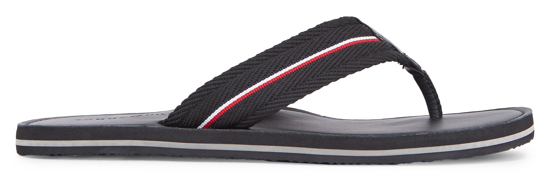 Tommy Hilfiger Zehentrenner »HILFIGER LEATHER BEACH SANDAL«, Sommerschuh, Schlappen, Poolslides, Badeschuh, mit Streifen