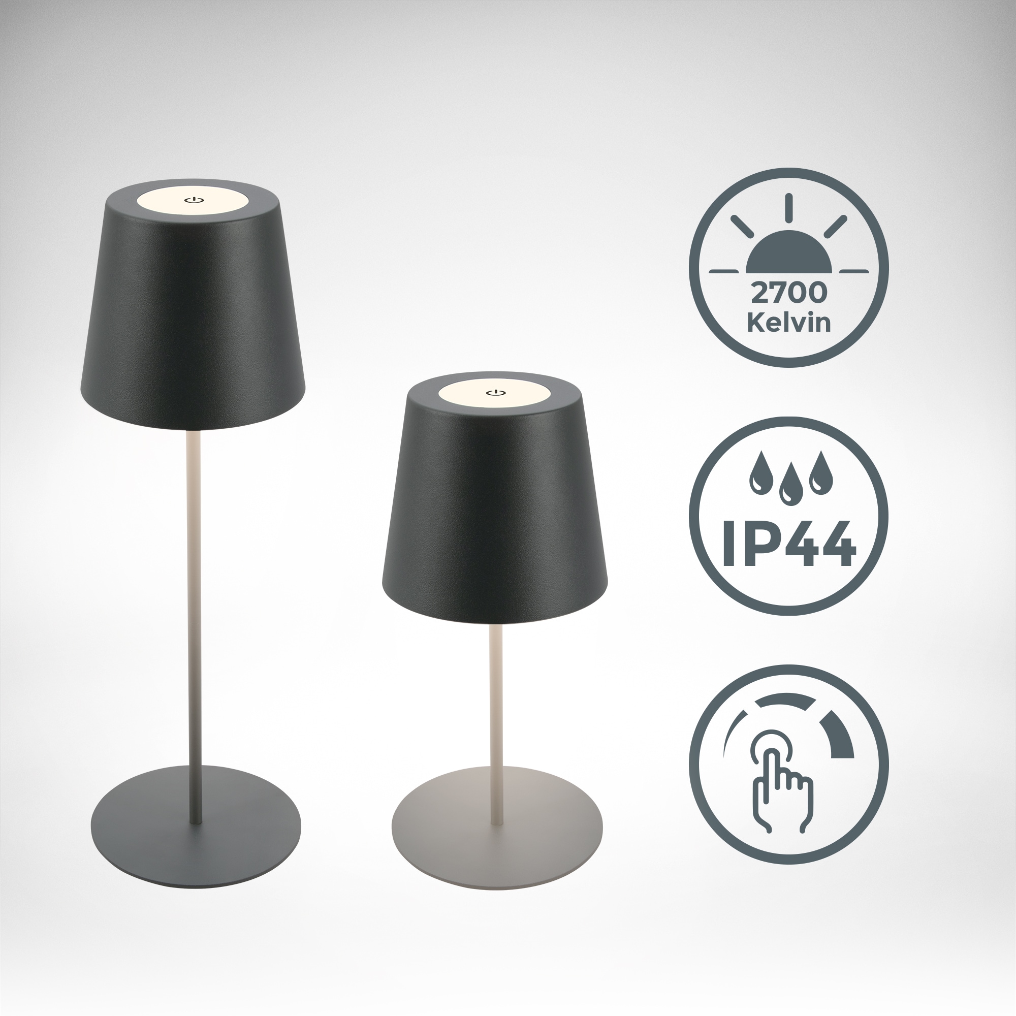B.K.Licht Außen-Tischleuchte »BK_TL1593 Akku LED Tischlampe, 3-Stufen Touchdimmer, mit USB«, 1 flammig, Leuchtmittel LED-Modul | LED fest integriert, 2.700 K, 200 Lm, 2,5W, IP44, 12h Leuchtdauer, 36 x 10,5 cm, Anthrazit