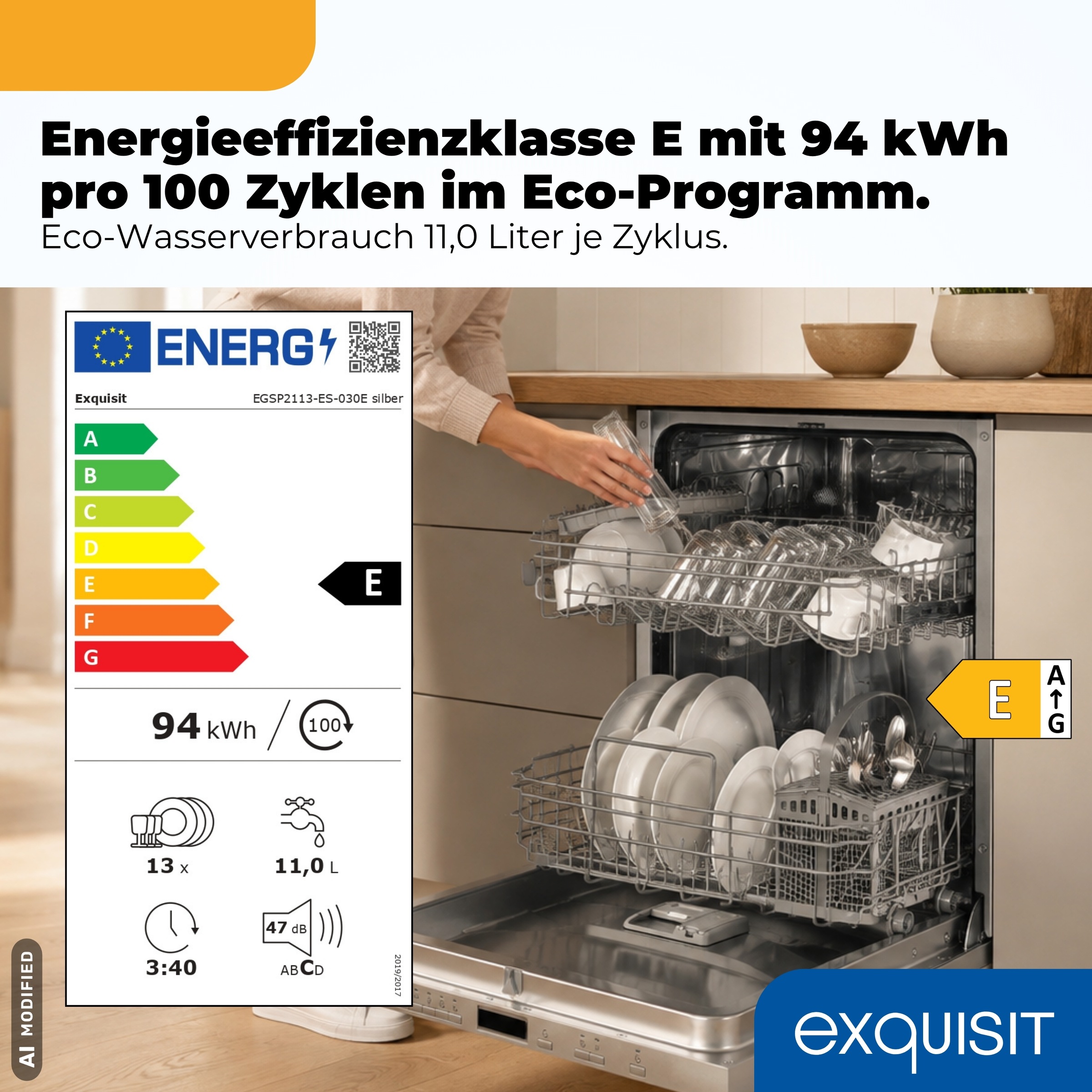 exquisit vollintegrierbarer Geschirrspüler 2113 »EGSP2113-ES-030E silber« 11 l 13 tlg. Maßgedecke Großes Fassungsvermögen, komfortabel im Alltag