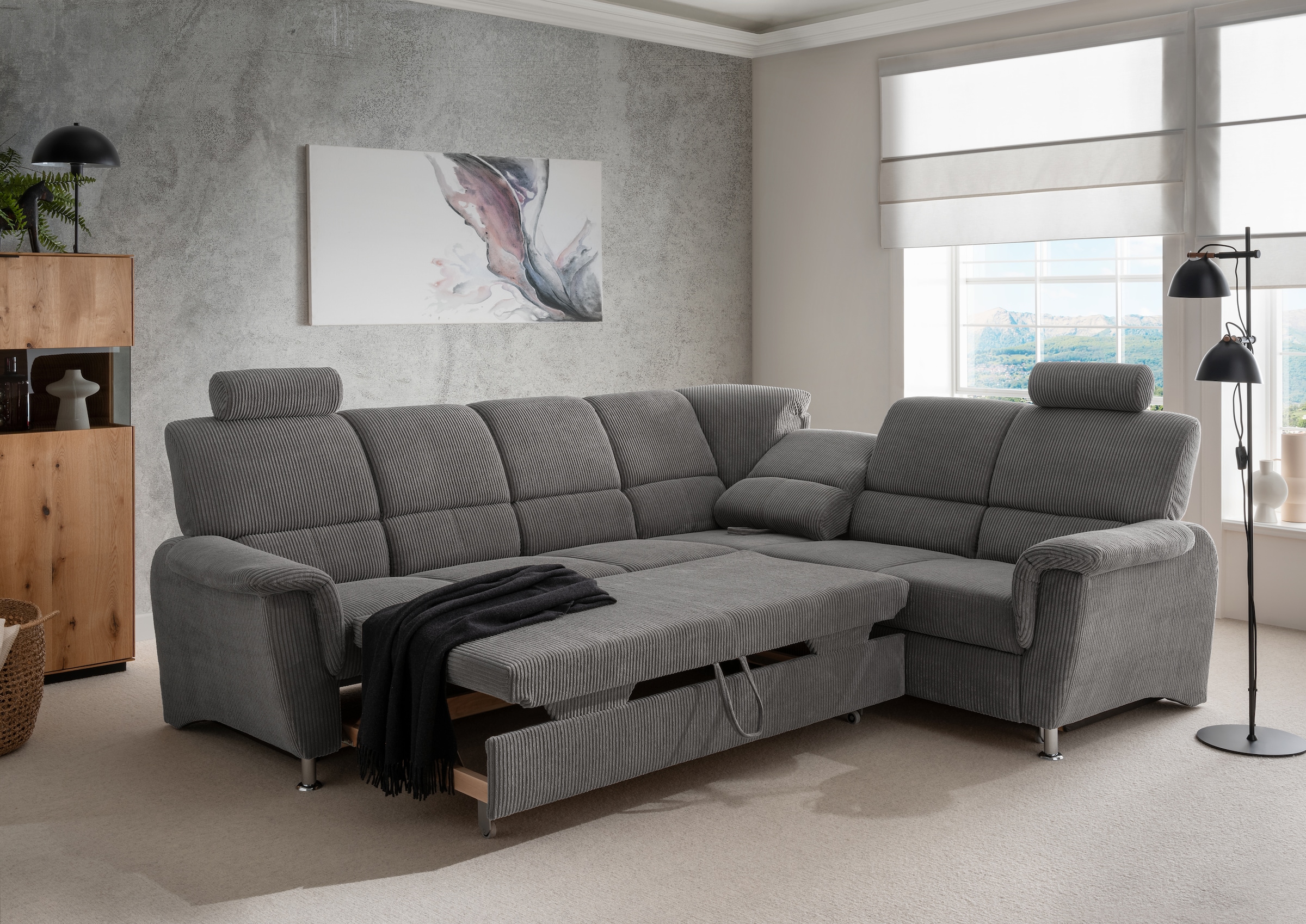 Home affaire Ecksofa »Pisa L-Form, mit Schlaffunktion, Stauraum, 2x höhenverstellbare«, Kopfstützen und Relaxfunktion im Eckelement