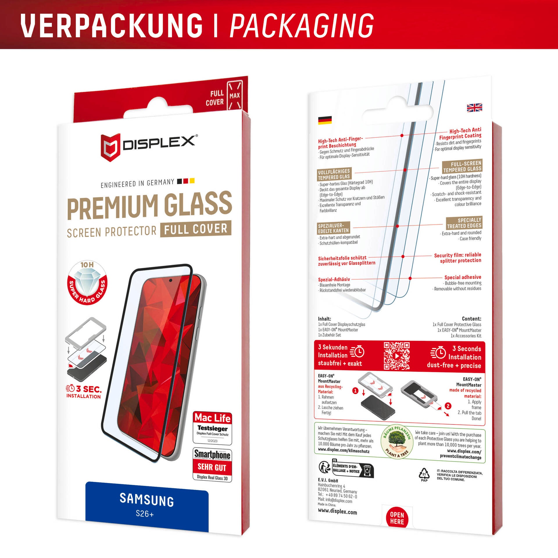 Displex Displayschutzglas »Premium Glass Screen Protector Full Cover mit MountMaster« für Samsung Galaxy S26+ Displayschutzfolie, Schutzfolie, Bildschirmschutz, kratz- & stoßfest