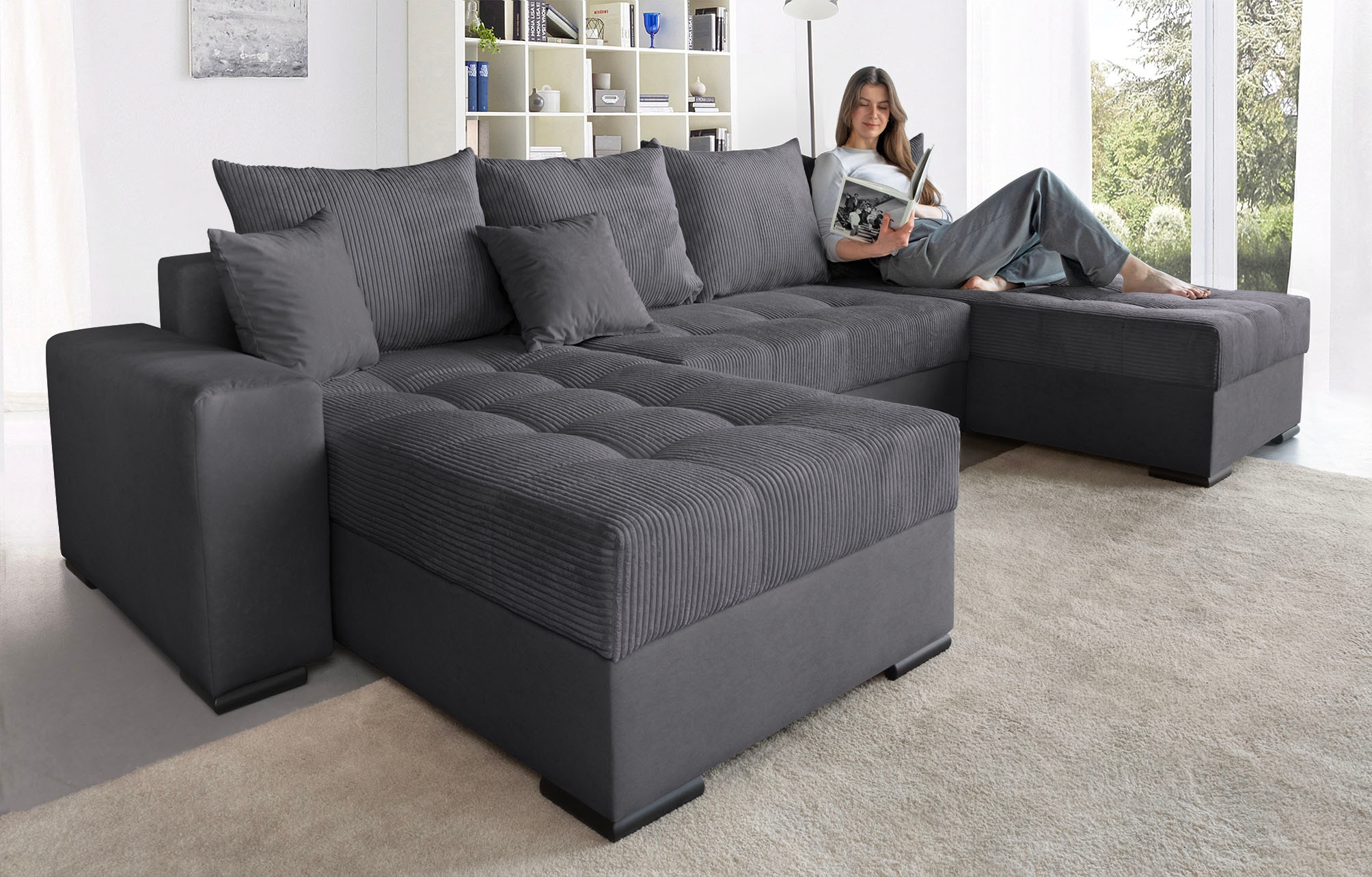 COLLECTION AB Wohnlandschaft "Josy XL U-Form, B: 313 cm in Cord, Cord-Mix" Schlaffunktion, Bettkasten & 2 Zierkissen, Federkern