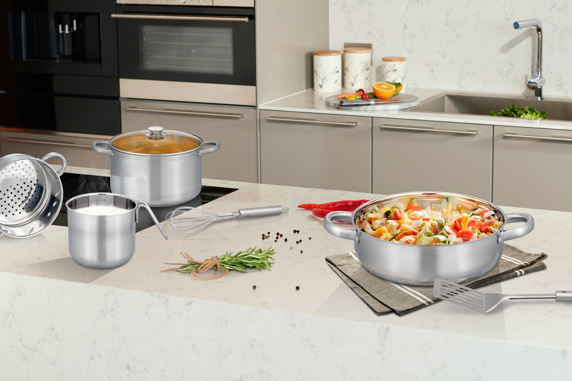 GSW Topf-Set »Toronto« Edelstahl Set, 15 Stk. tlg. mehrteiliges Kochtopf-Set aus Edelstahl inkl. praktischer Küchenhelfer