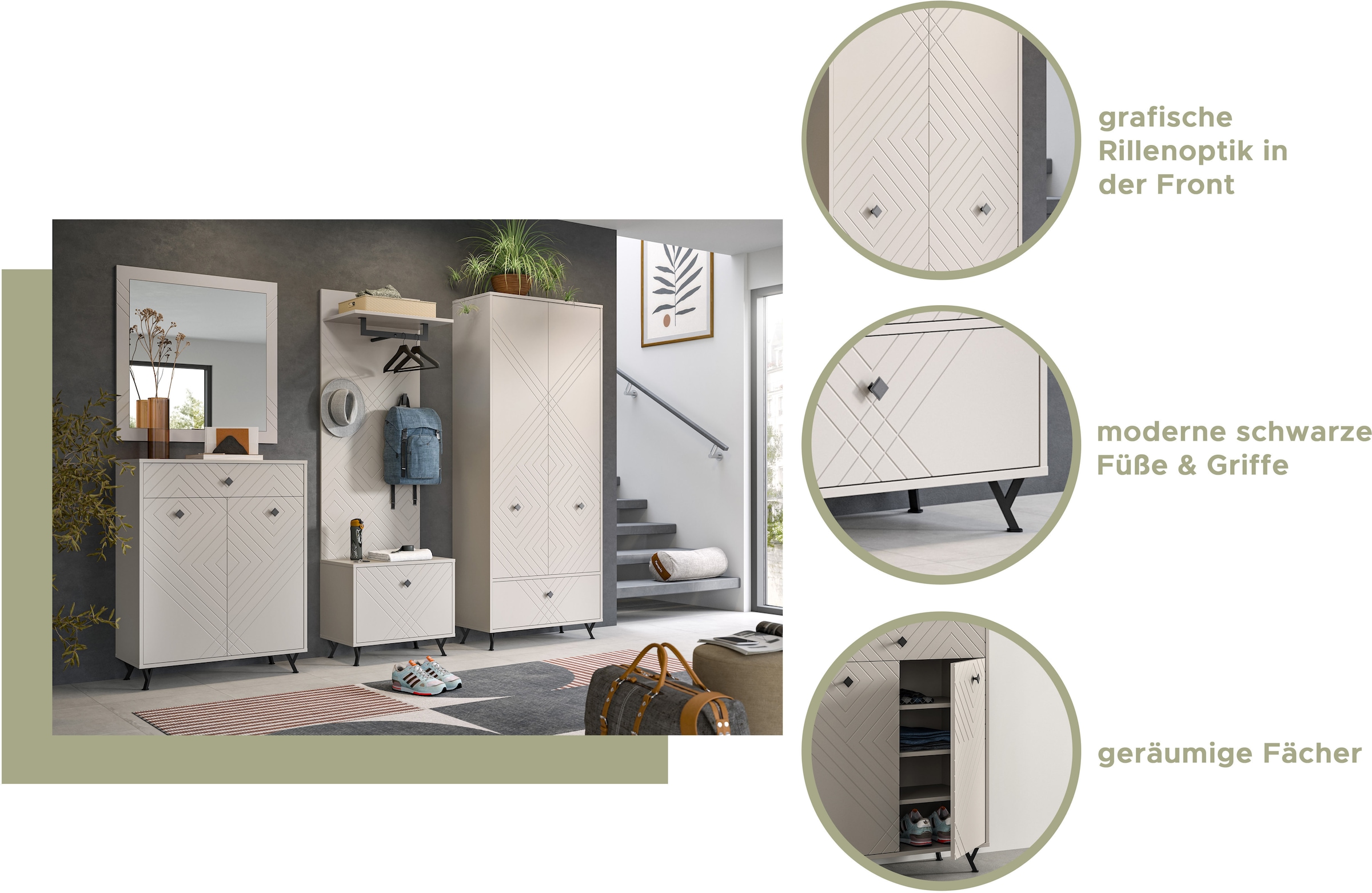 INOSIGN Garderobenschrank »Mento, Höhe 190cm, 2 Türen, 1 Klappe, 4 Einlegeböden, 6 Fächer«, Metall Knopfgriffe & Y-Füße, Front mit Ornamentfräsung, Kleiderschrank