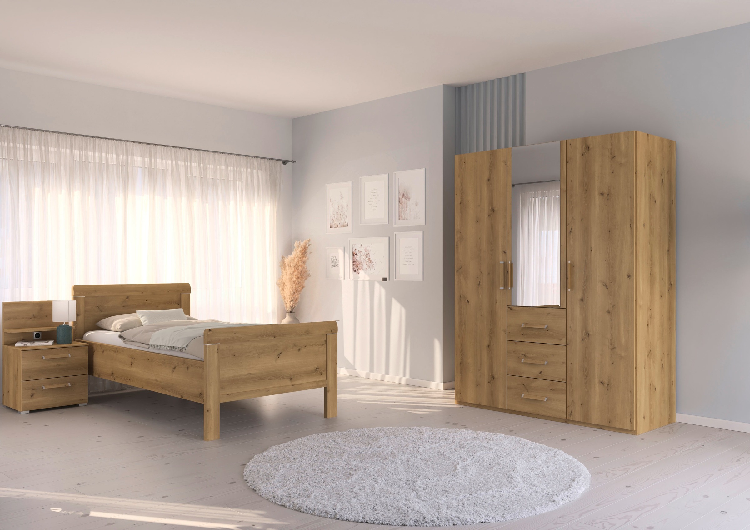 rauch Schlafzimmer-Set "Evelyn", (Set, 3 tlg.), Schrank und Bett in 2 Breiten, Nachttisch mit Paneel MADE IN GERMANY