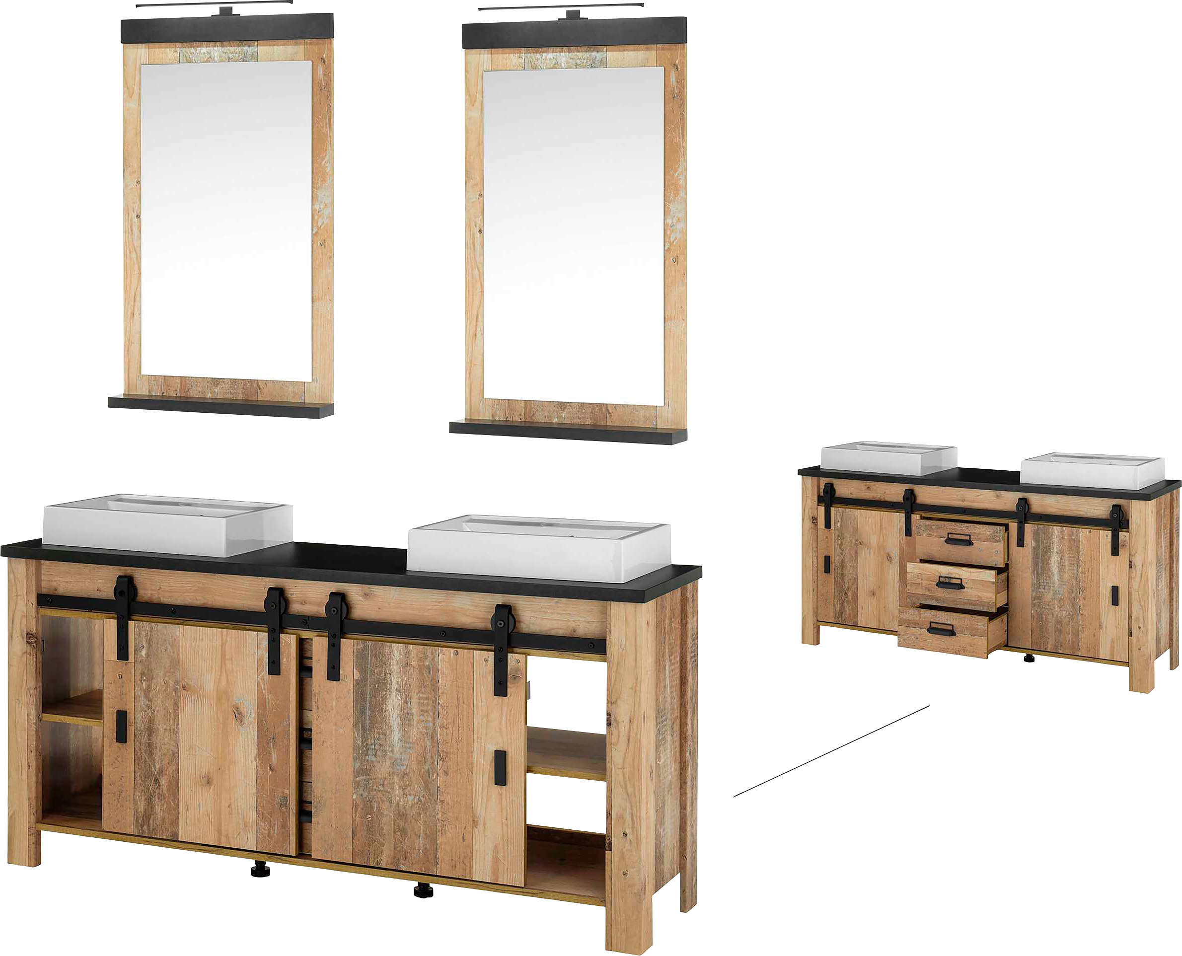 Home affaire Badmöbel-Set »SHERWOOD, Bad im modernen Design, 3-teiliges Badezimmer«, (3 St.), in 2 Farben verfügbar, Scheunentorbeschlag & Apothekergriff aus Metall