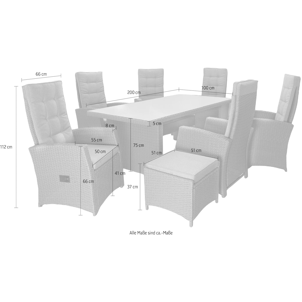 KONIFERA Garten-Essgruppe »Paris«, (Set, 17 tlg., 2x Fußhocker,inkl. Auflagen,Tischplatte aus Sicherheitsglas,Aluminium)