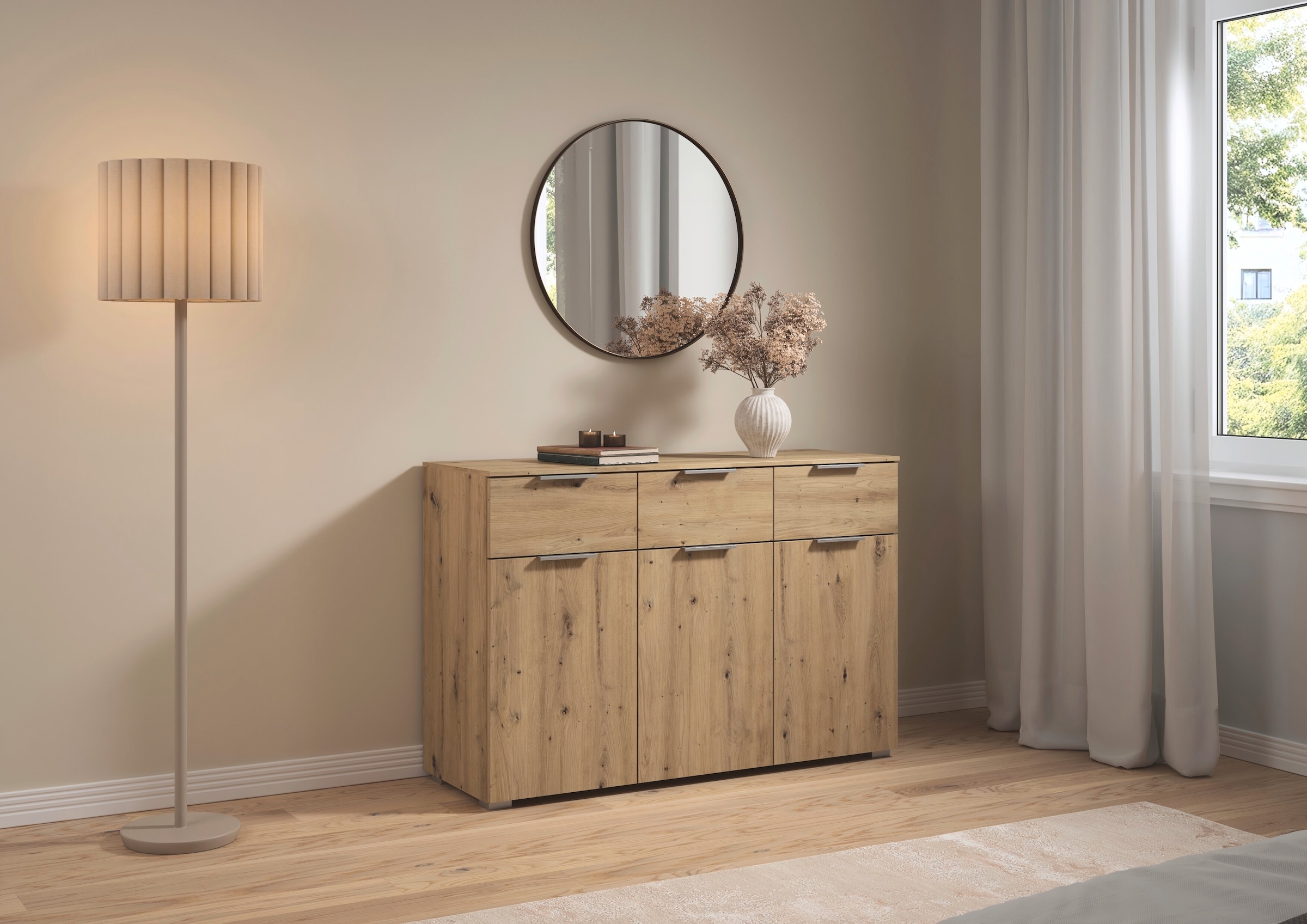 rauch Kombikommode »Sideboard Schubladenkommode CORTONA mit Dekor-Front« Breite 120 cm inkl. Soft-Close-Funktion,  mit 3 Schubladen und 3 verstellbaren Einlegeboden MADE IN GERMANY