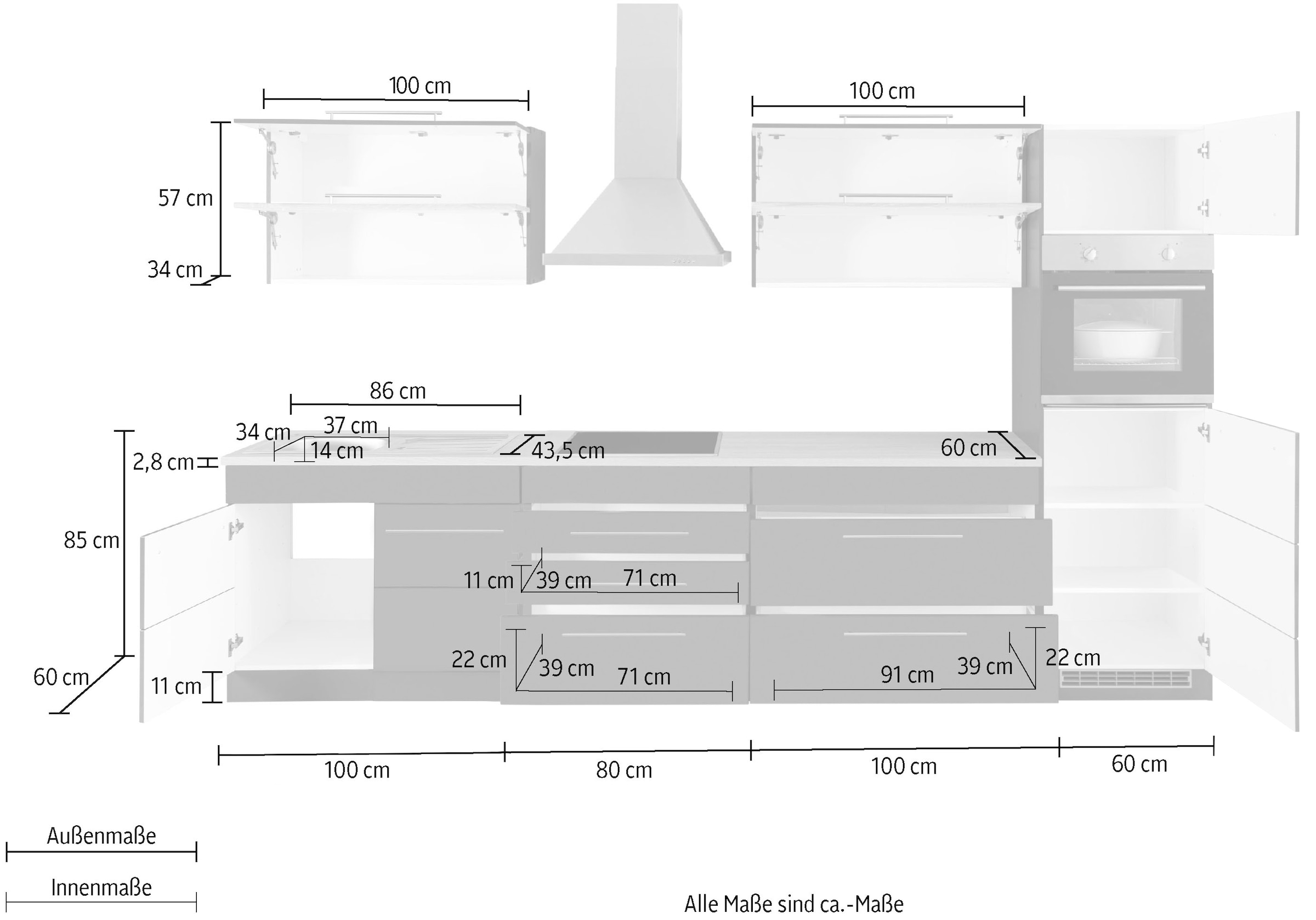 KOCHSTATION Küchenzeile »KS-Wien«, Breite 340 cm, wahlweise mit E-Geräten und Induktion