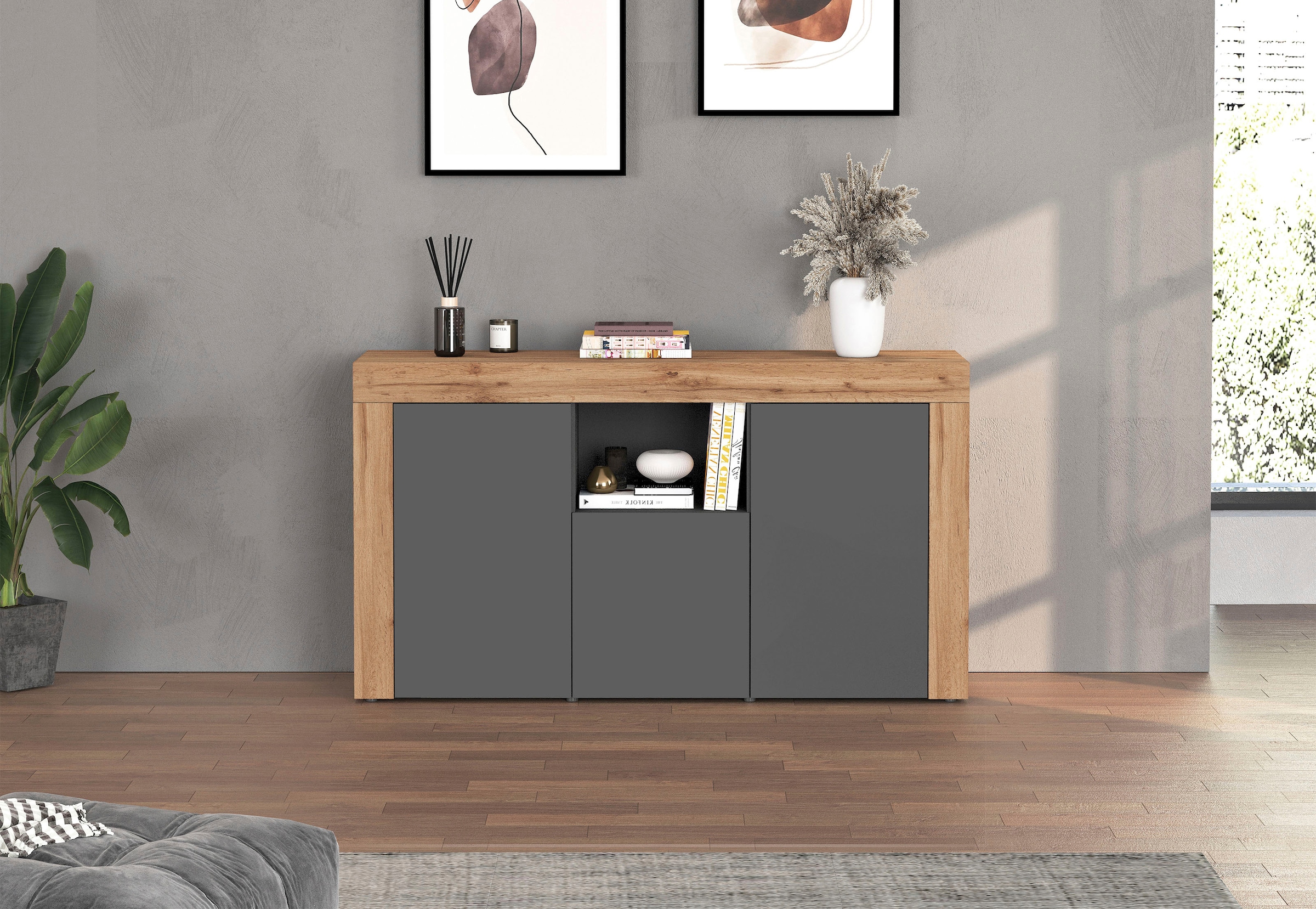 OTTO home Sideboard »CHRONOS Breite 155 cm mit 3 Türen, 1 offenes und 6 geschlossene Fächer« 1 Stk. tlg. Sideboard,Kommode, Schrank, Grifflos mit Push to Open, Made in Italy