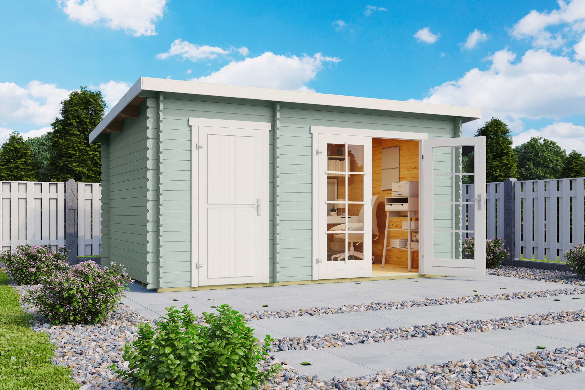 LASITA MAJA Gartenhaus »Belmont 1«, Blochbohlenhaus 28mm 2-Raum, Fundamentmass 3800x2500, Gletschergrün