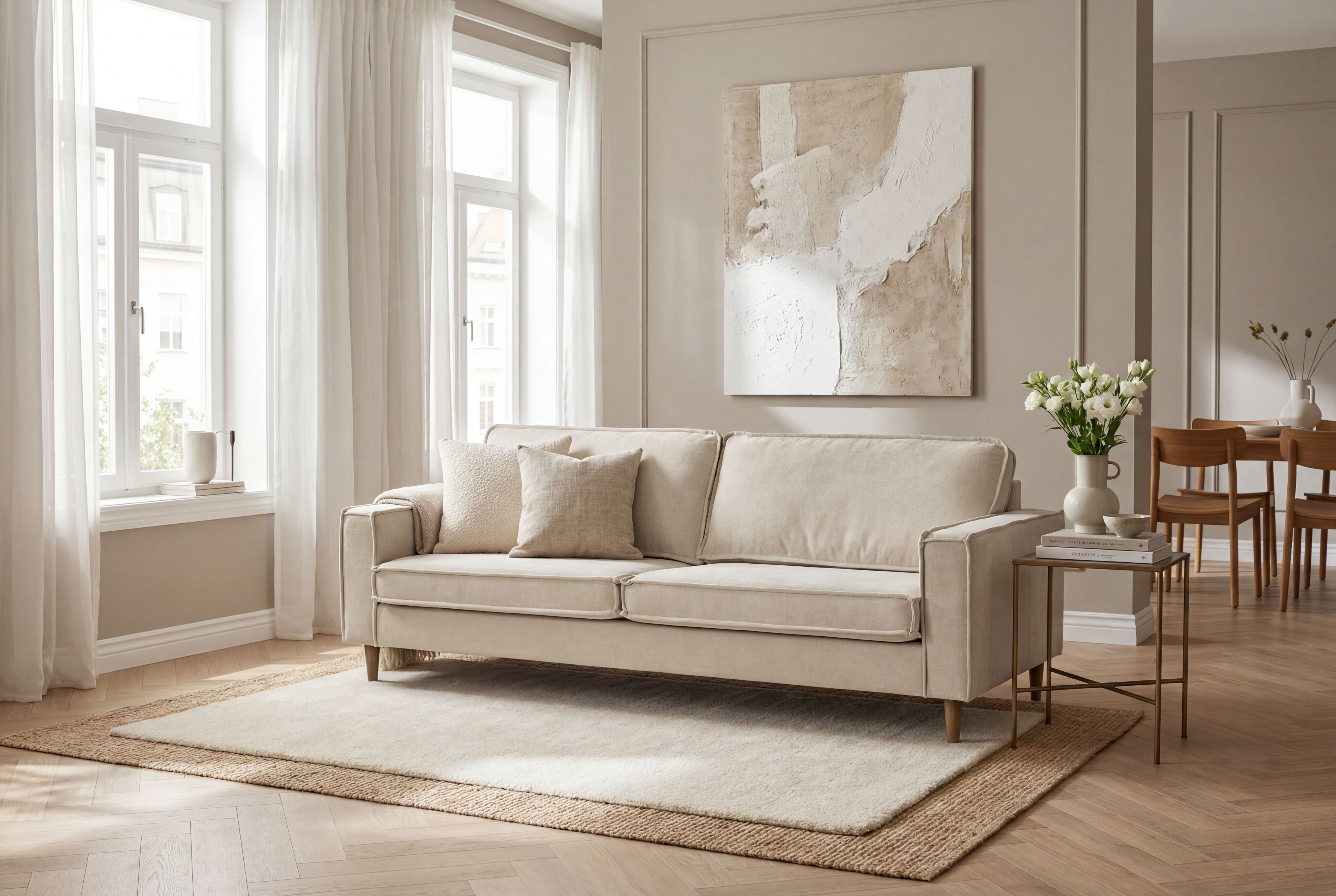 OTTO home 3-Sitzer "Pinto Skandi,Maxi-Ausführung, 236 cm, Chenille, Struktur" mit Keder, Massivholzfüße Eiche geräuchert, Wellenunterfederung