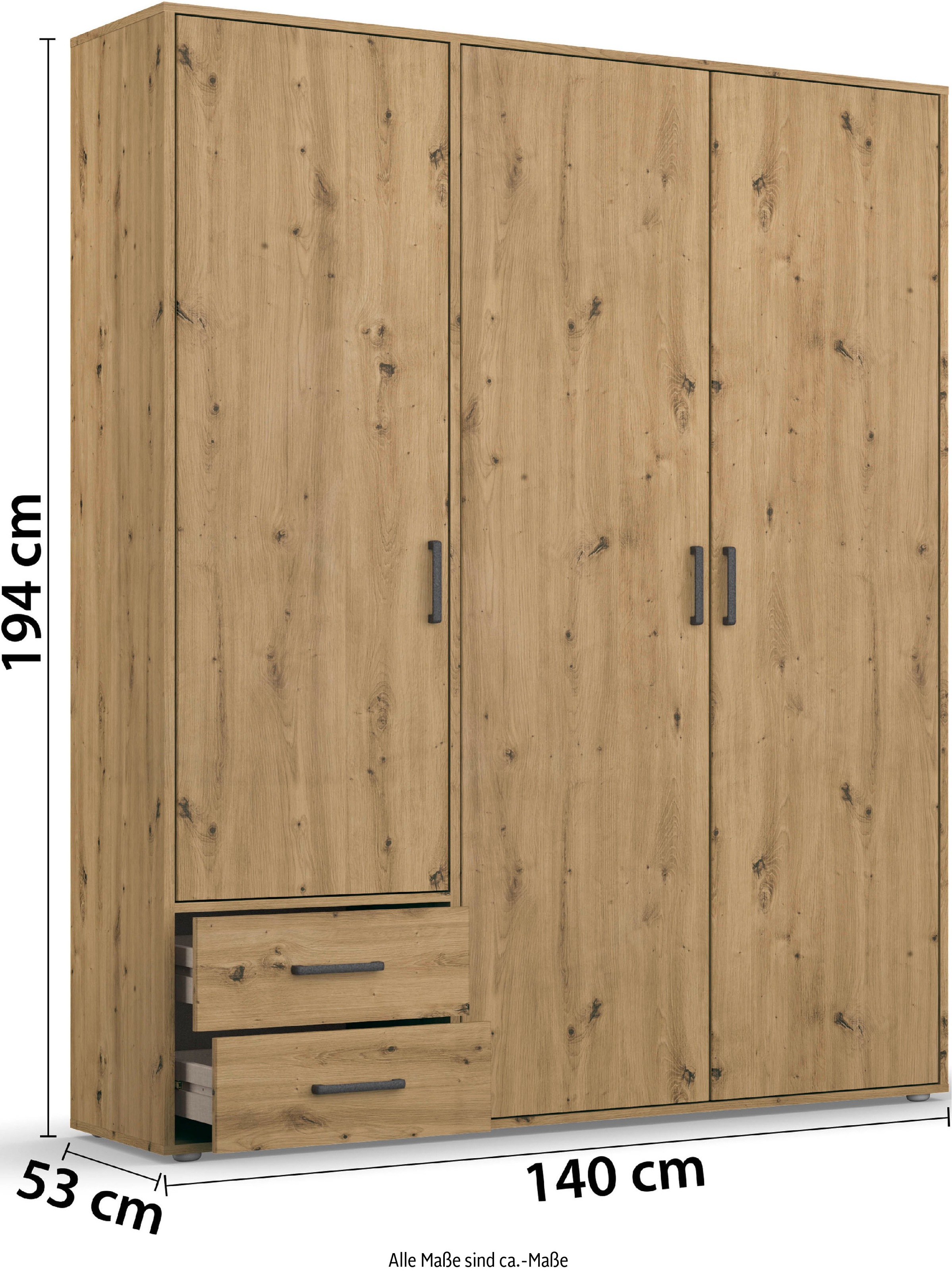 rauch Drehtürenschrank »Kleiderschrank Schrank Garderobe Wäscheschrank VOYAGER«, (in 3 verschiedenen Ausstattungen BASIC/CLASSIC/PREMIUM), moderne Griffe in Graumetallic mit Außenschubkästen MADE IN GERMANY