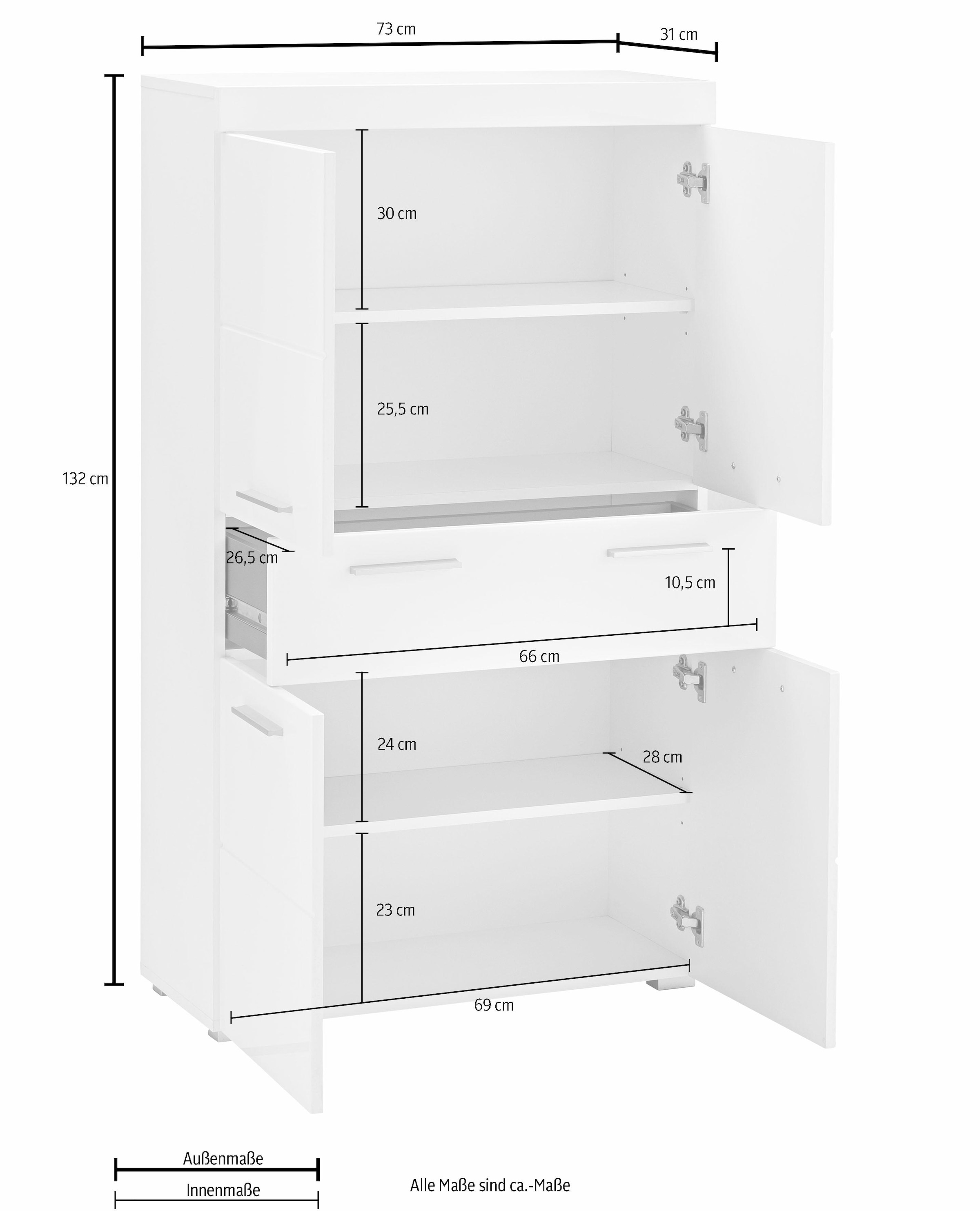 INOSIGN Midischrank »Avena«, Badschrank mit einer Schublade und 4 Türen - Maße (B/T/H) 73/31/130 cm