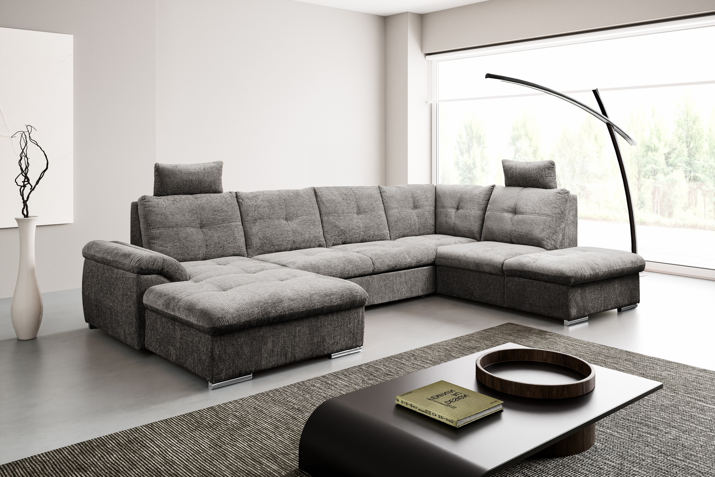 WERK2 Wohnlandschaft "Arena 339 x 220 cm modern und bequem" U-Form, XXL, Schlaffunktion, Bettkasten