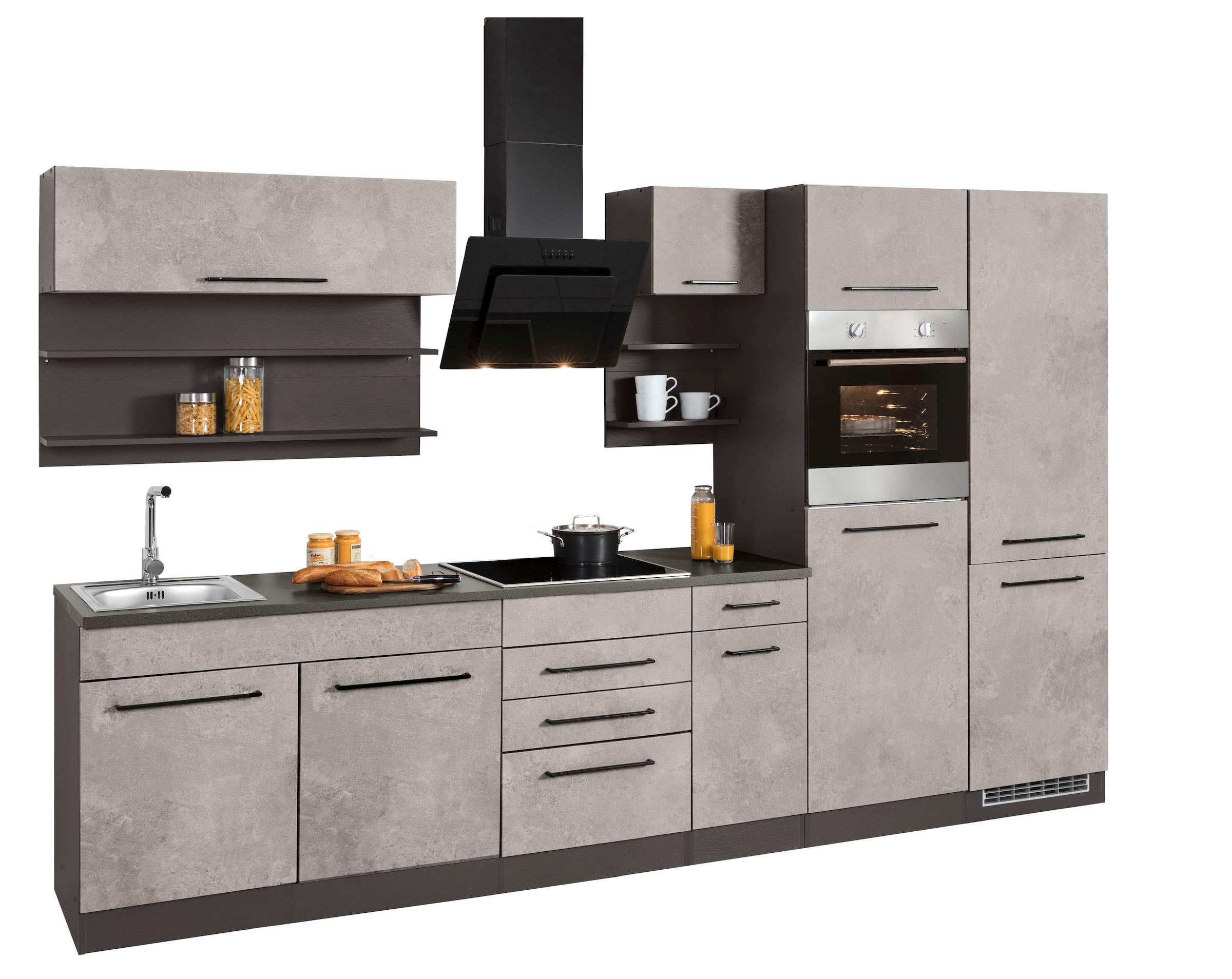 KOCHSTATION Küchenzeile »KS-Tulsa«, mit E-Geräten, Breite 330 cm, schwarze Metallgriffe, MDF Fronten