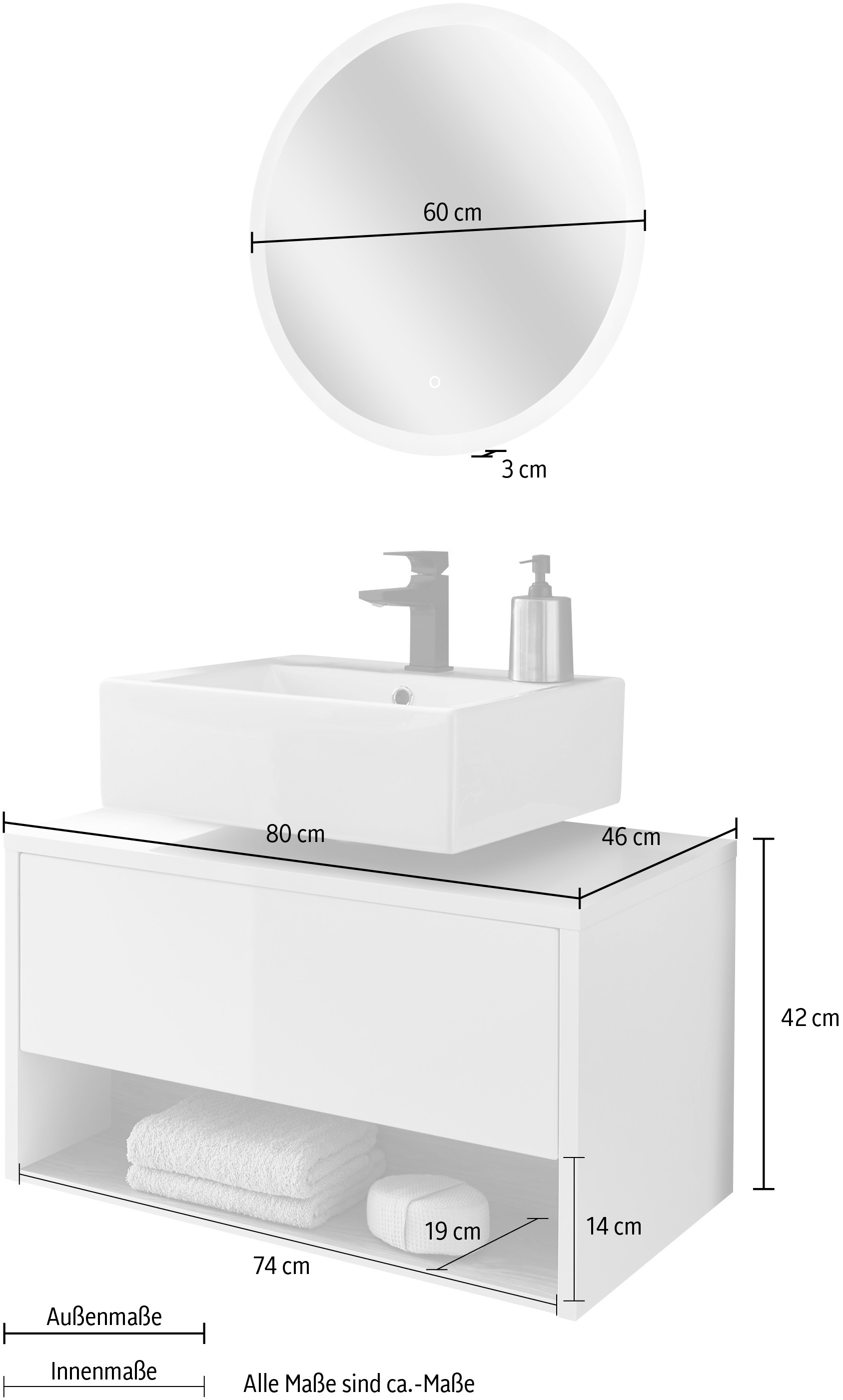 Places of Style Badmöbel-Set »Studio Line, Bad im modernen Design, 2-teiliges Badezimmer«, (2 St.), Unterschrank und Spiegel, in zwei Farben verfügbar, viel Stauraum