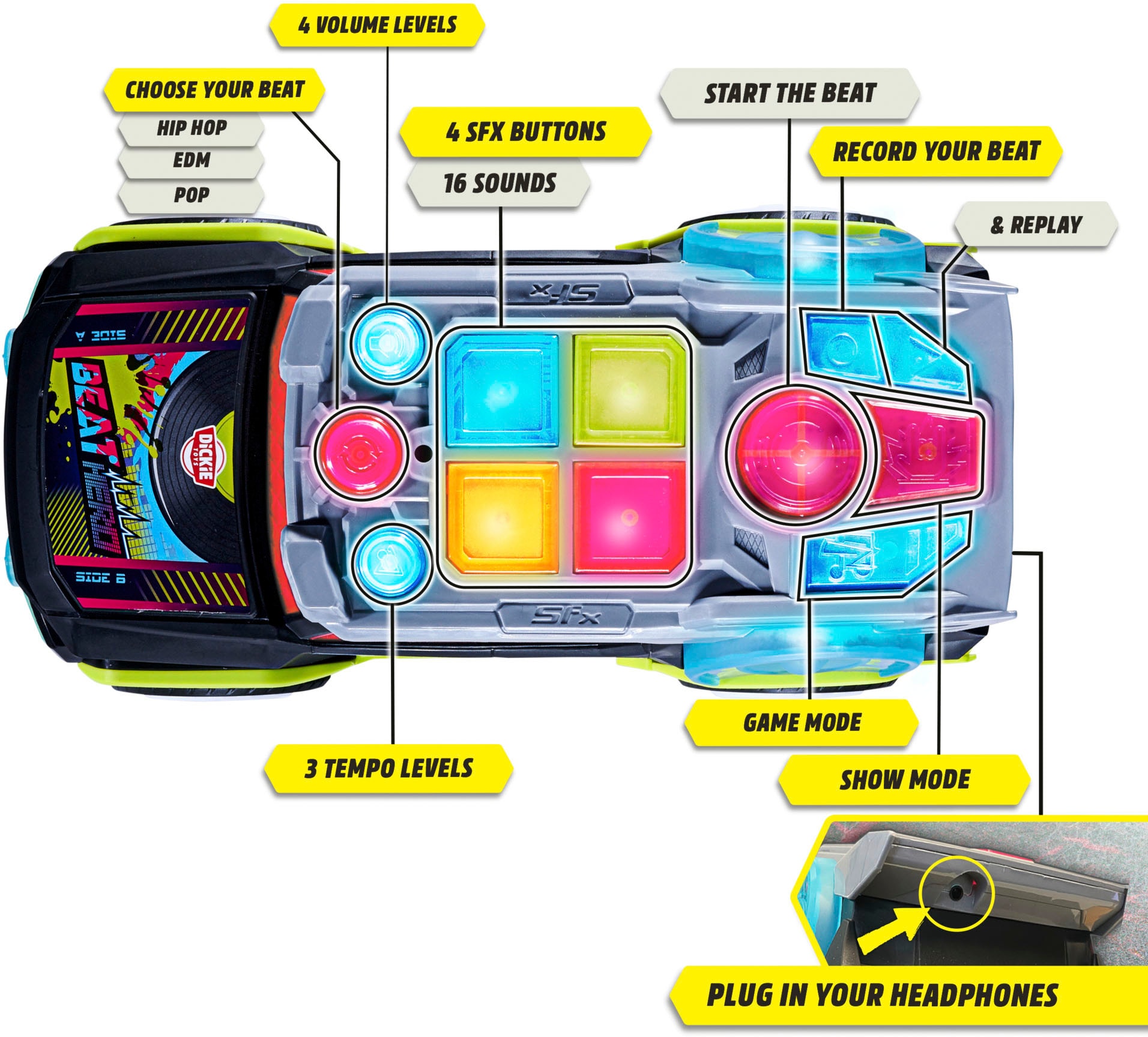Carro de brinquedo Beat Hero, 32 cm, com luzes intermitentes e música,  STREETS N BEATZ, 3 modos de jogo, inclui pilhas ㅤ, MAJORETTE