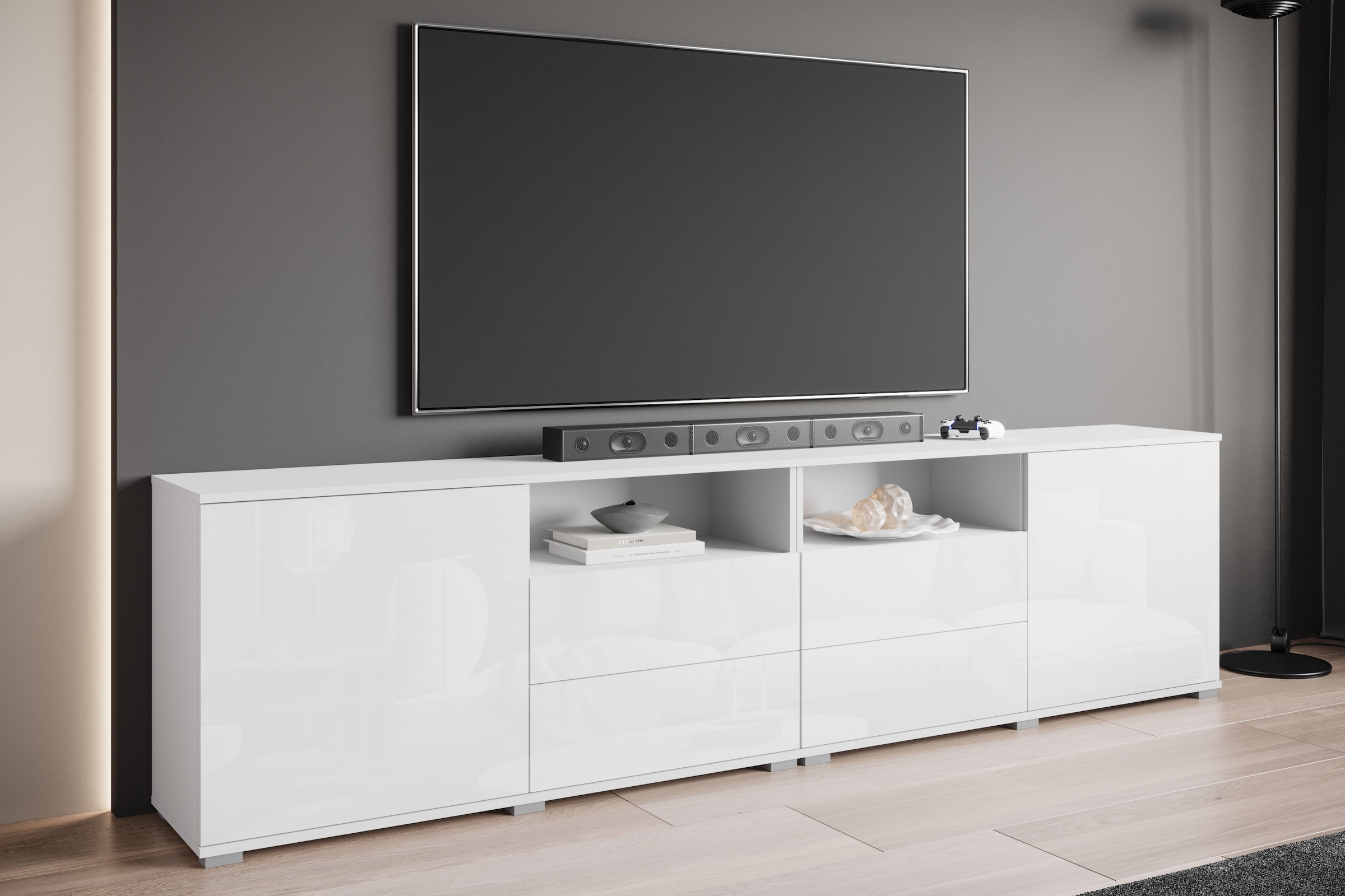 OTTO home Lowboard »Kenia, TV-Schrank, 240 cm breit, mit 2 Türen und 4 Schubladen« 1 Stk. tlg. Höhenverstellbare Einlegeböden und offene Ablagefächer