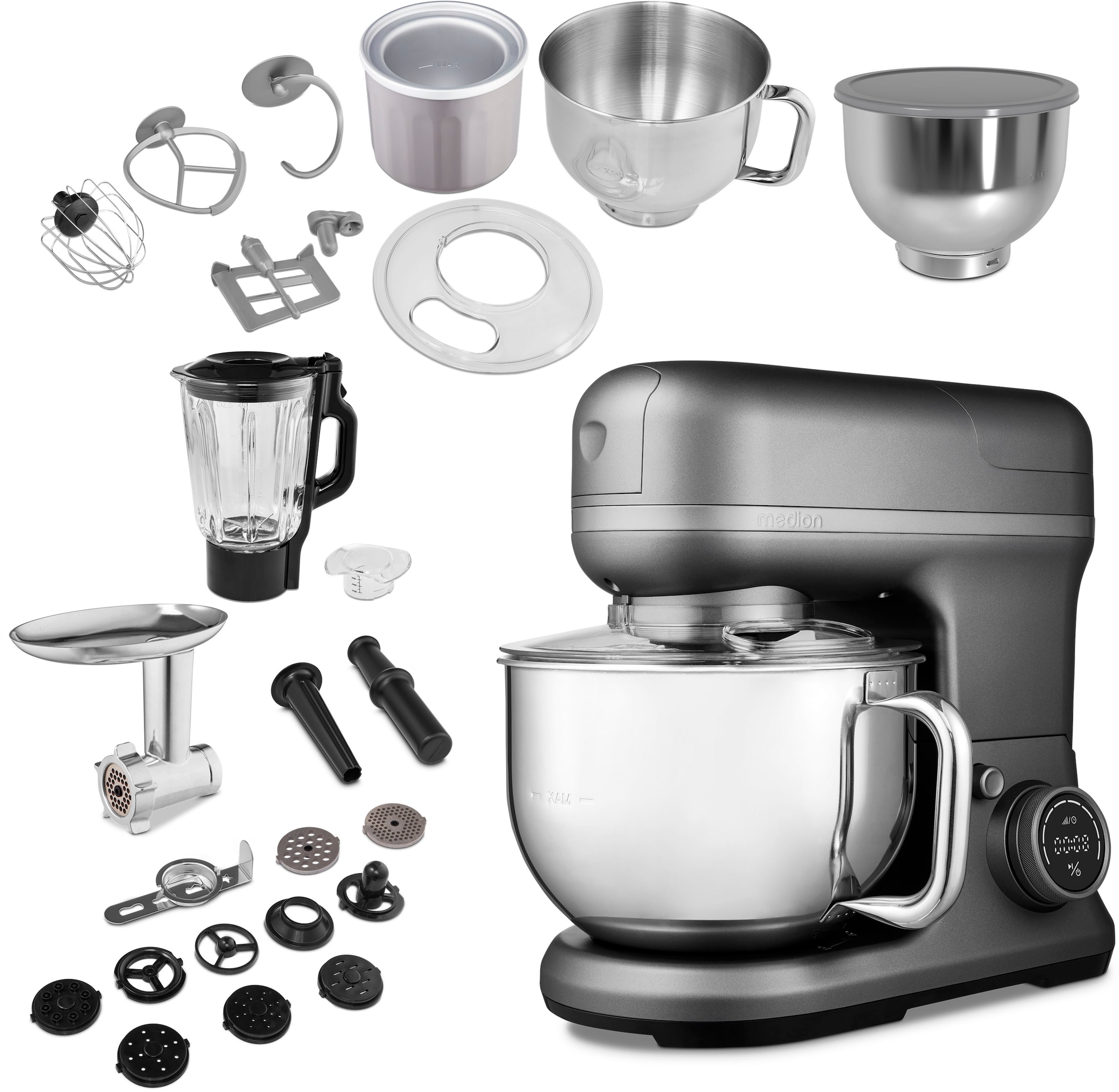 Medion Küchenmaschine "MD 18442, 8 Geschwindigkeitsstufen, Impulsfunktion, 5L Rührschüssel" Umfangreiches Zubehör-Set inkl. Eisschüssel für Speiseeiszubereitung