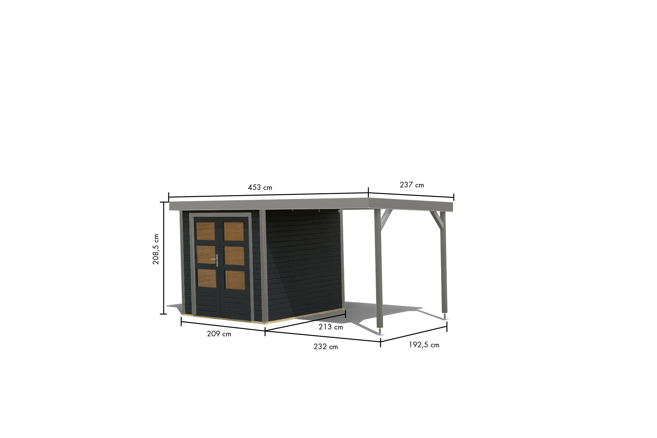 Karibu Gartenhaus »"Jupiter 2 C" SET anthrazit-graualuminium mit Anbaudach 2,35 m breit«, hochwertige Materialien: nordische Fichte, Stahlecken, Trapezblechdach