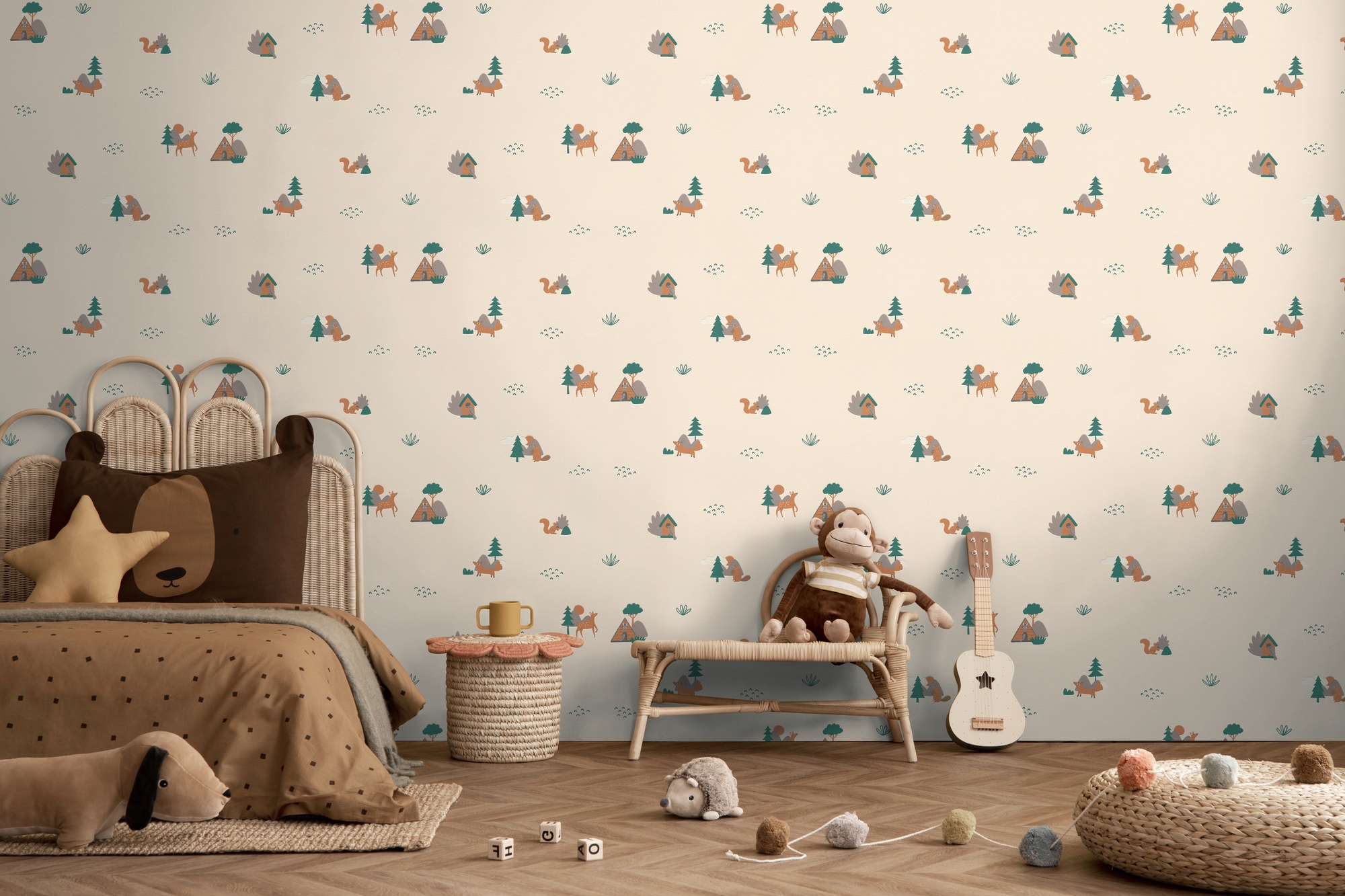 living walls "Kids Studio Waldtiere – Vliestapete für Kinder" Wald grafisch naturalistisch glatt Fuchs, Reh und Eichhörnchen im modernen Scandi-Look