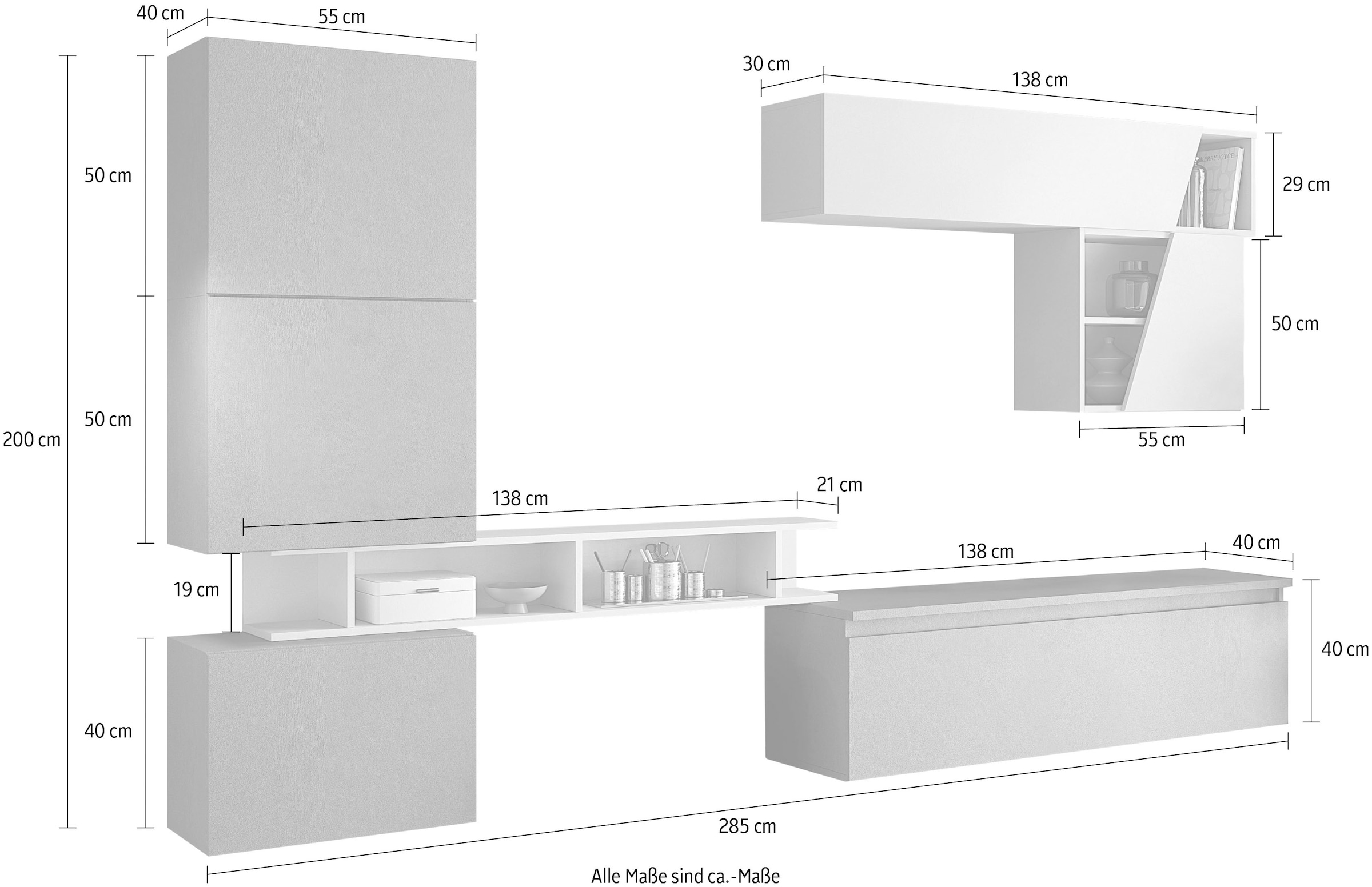 INOSIGN Wohnwand »INFINITY, 7tlg. Breite 285 cm, moderne Mediawand (Lowboard,«, (7 St.), 3x Hängewürfel, Würfel-Element, Hängeschrank, Wandregal)