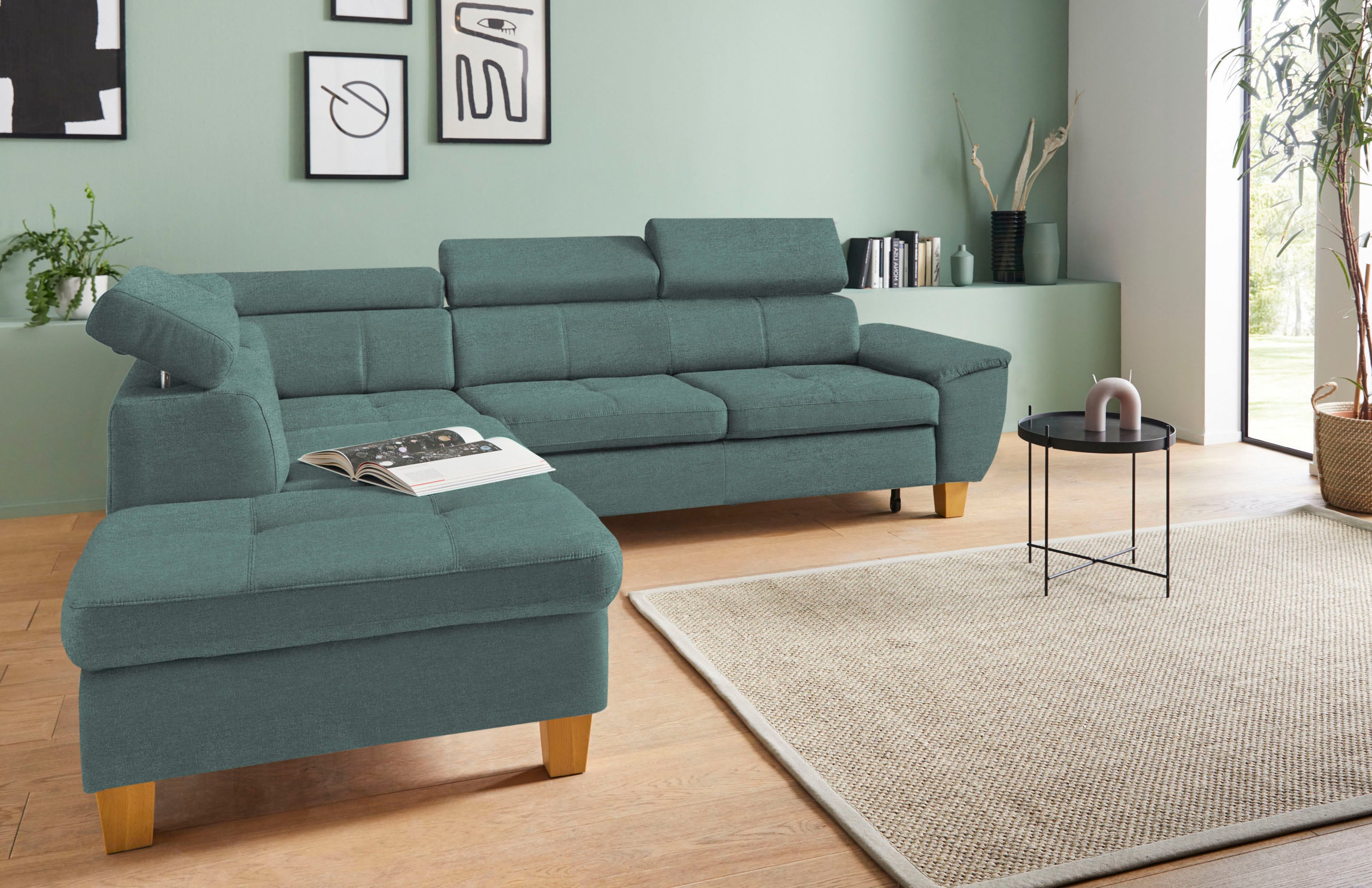 exxpo - sofa fashion Ecksofa "Enya, hoher Sitzkomfort, Breite 266cm, bequem, 12cm hohe Füße, L-Form" mit Kopfteilverstellung, wahlweise Bettfunktion u. Bettkasten