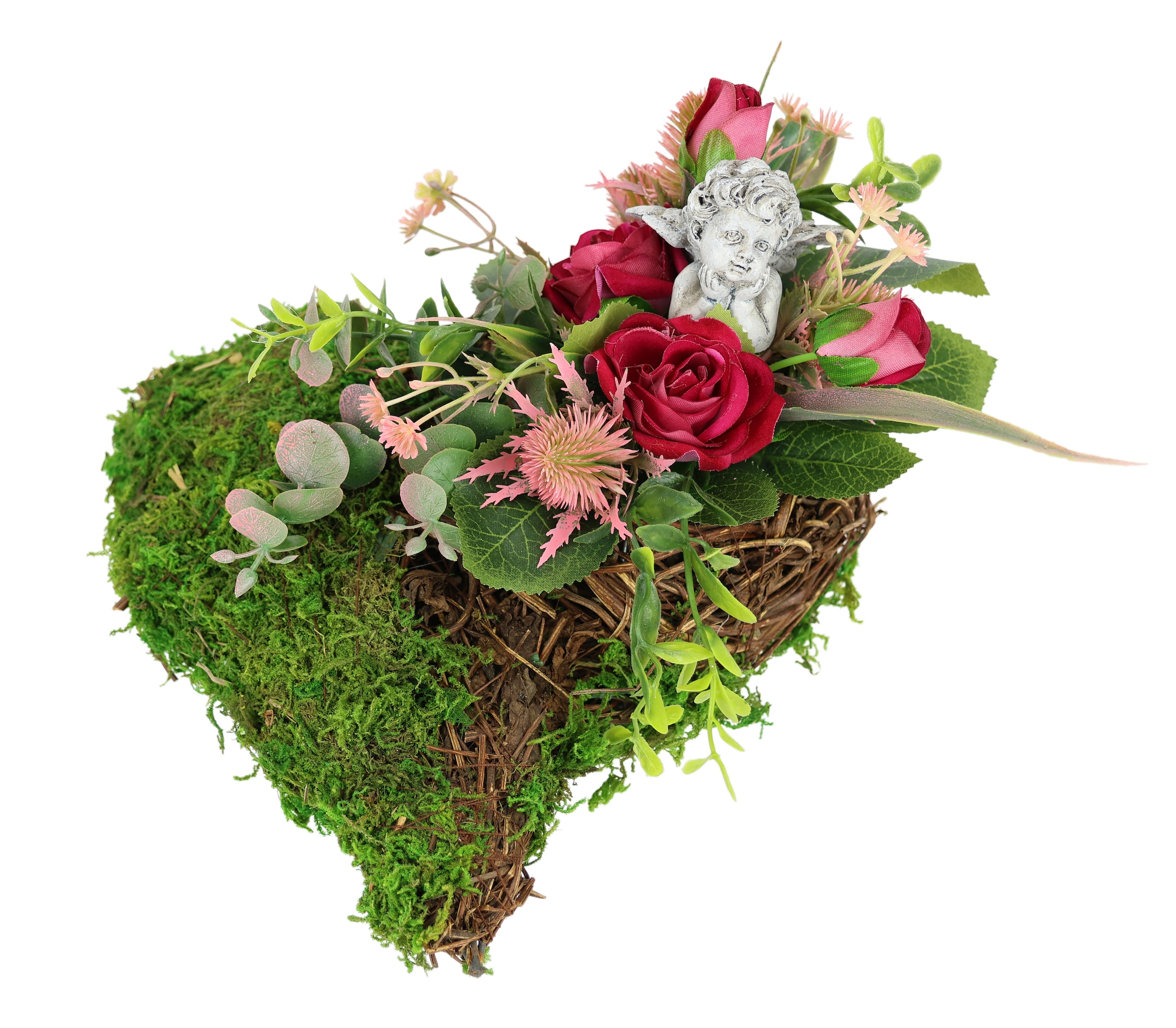 OTTO home Kunstblume "Kunstblumen-Gesteck mit Rosen und Engel auf Pflanz-Herz" Dekoratives Herzgesteck mit Rosenblüten und Engelfigur