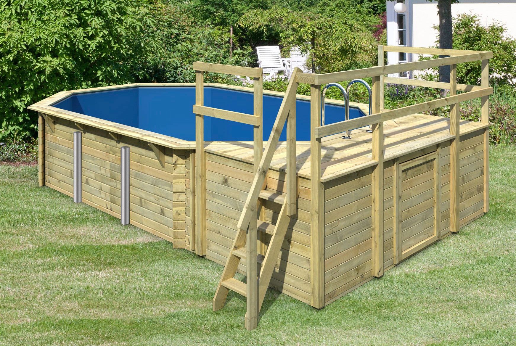 Karibu Achteckpool "PALMA Set D BxLxH: 358x569x124 cm, mit Sonnendeck und 2 Eck-Terrassen" 38 mm starke Holzbohlen aus Fichtenholz