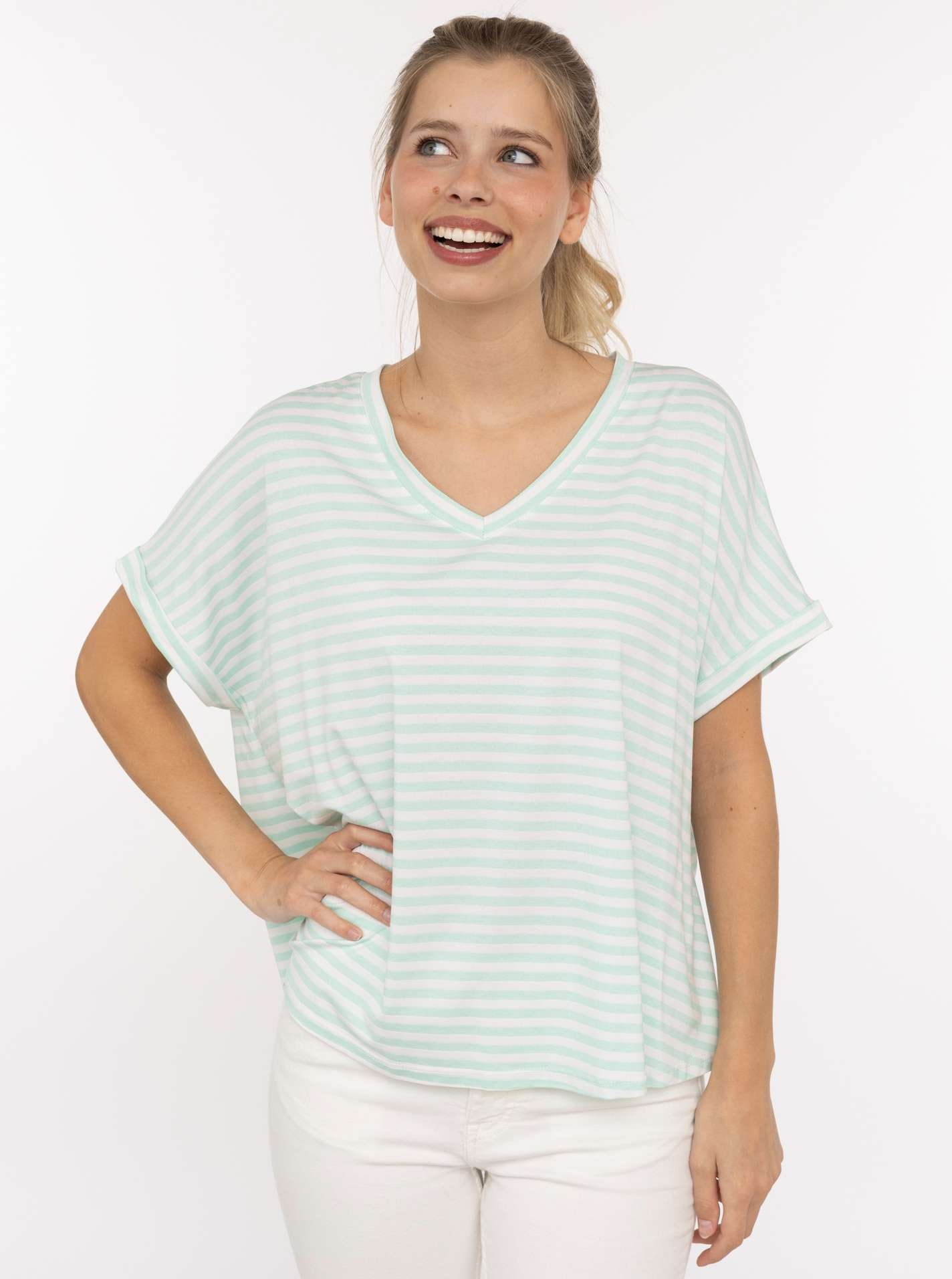 Zwillingsherz T-Shirt ""Maritime Streifen"" One Size, Kurzarm, V-Ausschnitt, gestreift, Loose Fit
