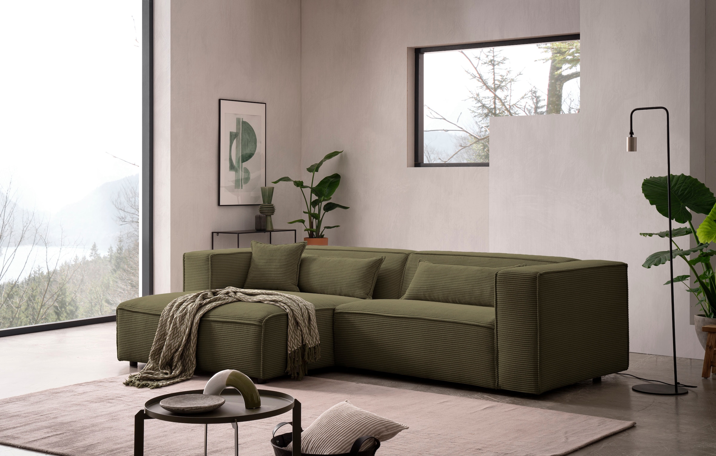 LeGer Home by Lena Gercke Ecksofa »PIARA mit Kedernaht in Cord oder Leinenoptik, moderne Couch in L-Form«, wahlweise Ottomane rechts/links, schwarze Füße, bequemer Sitzkomfort
