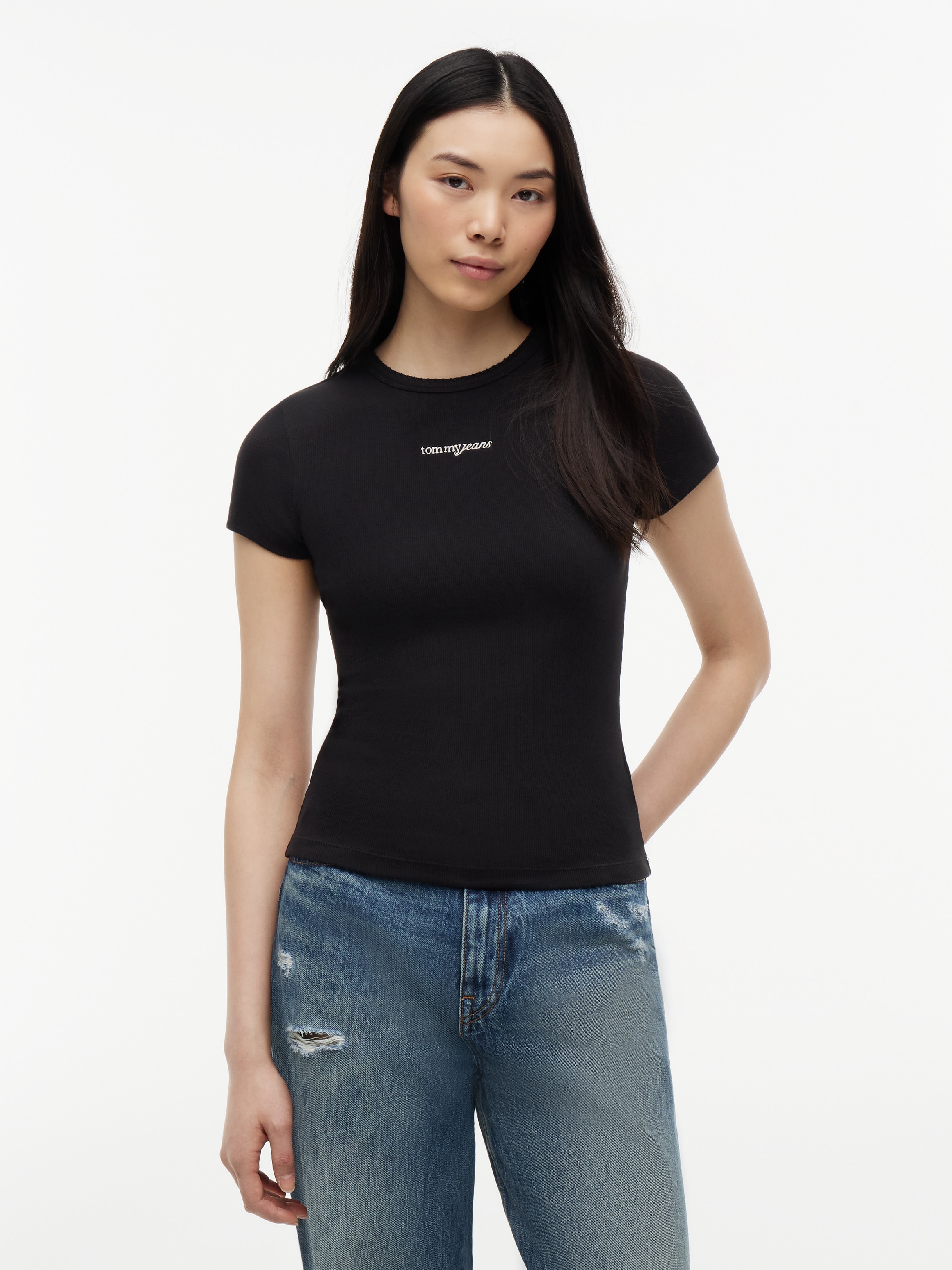 Tommy Jeans Kurzarmshirt "TJW SLIM SCRIPT RIB SS TEE" Baumwollmischung, slim fit, in gerippter Struktur