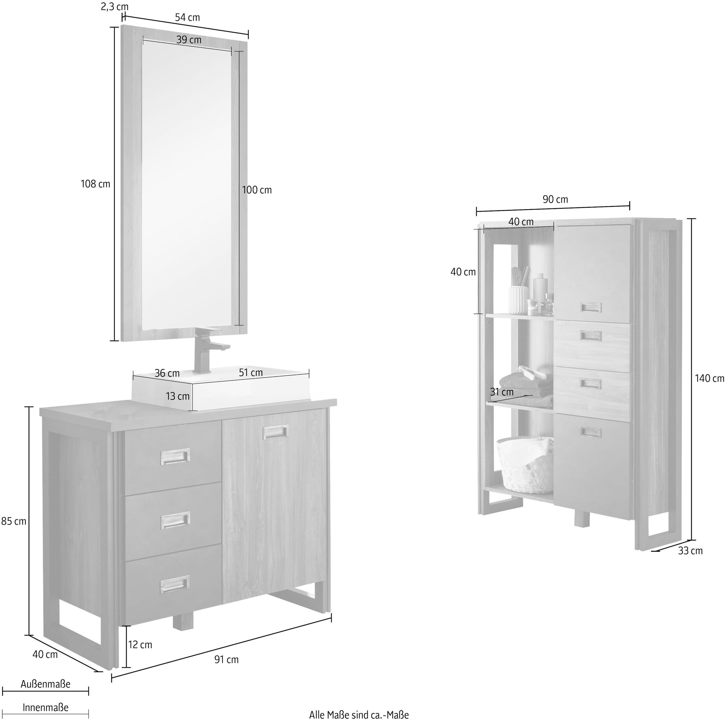 Home affaire Badmöbel-Set »Detroit, Bad im Industrialdesign, 3-teiliges Badezimmer«, (Set, 3 St.), Waschtisch, Highboard & Spiegel, inkl. Mineralguss-Aufsatzwaschbecken