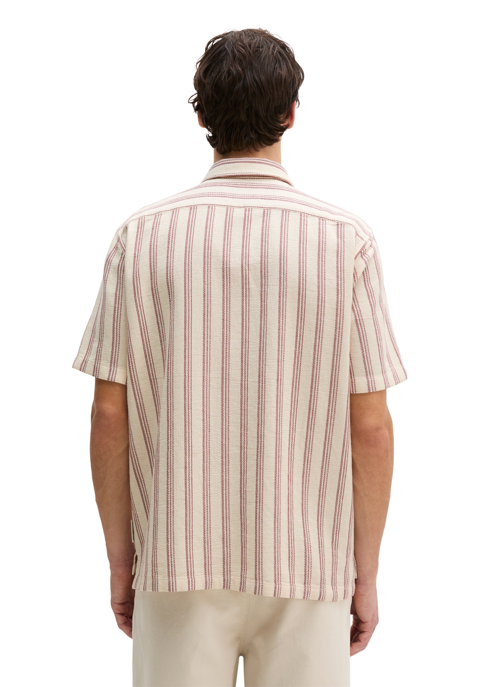Kurzarmhemd MARC O'POLO "aus Bio-Baumwolle in Leno-Weave", Herren, Gr. S, Normalgrößen, light beige, Obermaterial: 100% Baumwolle, gestreift, regular fit normal, normaler Saum, Hemden 4