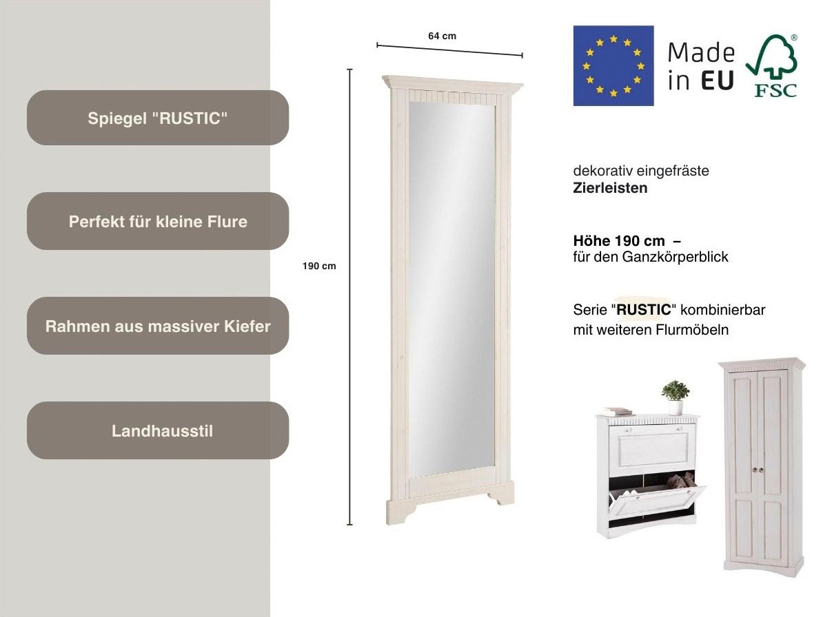 Thumbnail - Home affaire Spiegel "Rustic" Rahmen in Kiefer massiv, Höhe 190 cm, mit Zierfräsungen