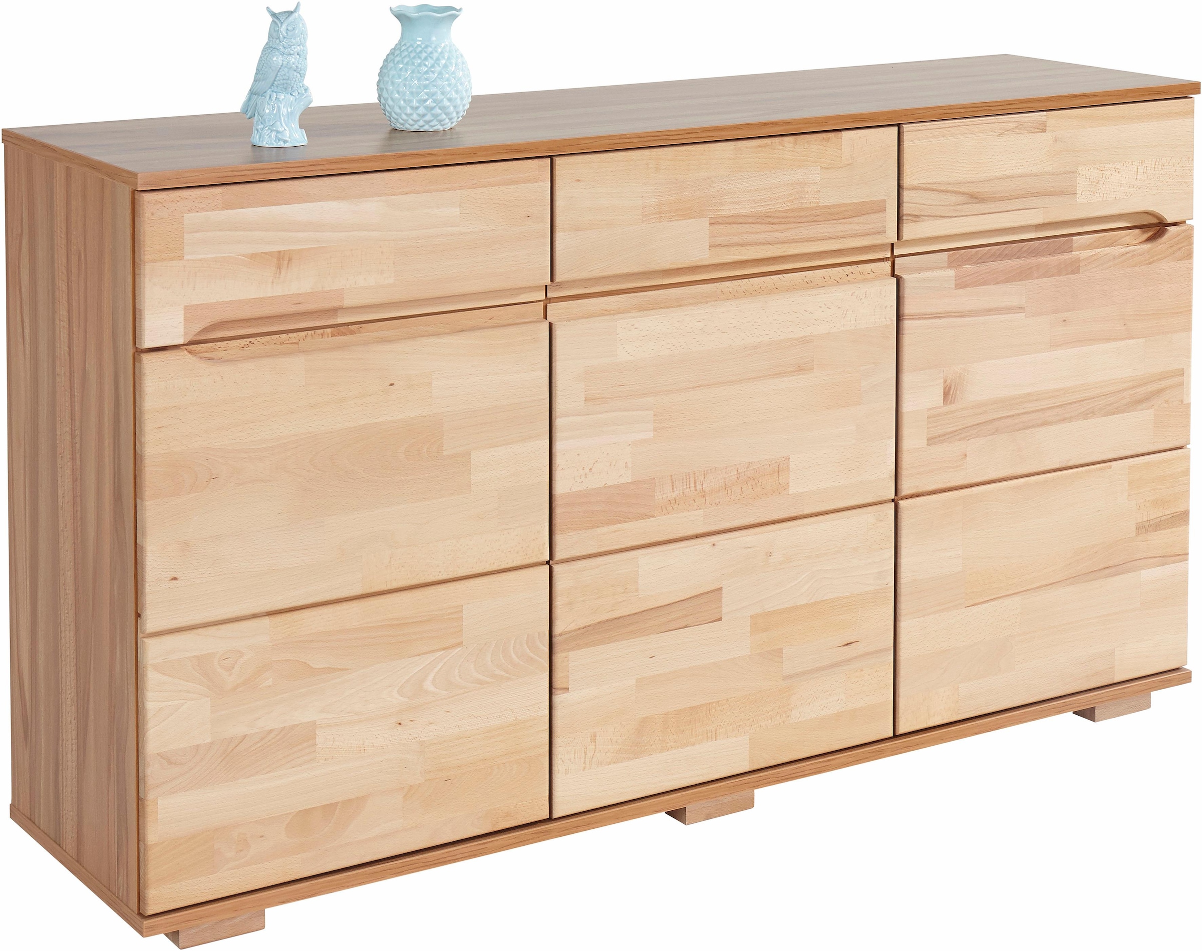 Home affaire Sideboard »Vetro,150cm breit,40 cm tief, Fronten Massivholz,6 Fächer«, Kernbuche massiv, Holzwerkstoff, 3Türen,3 Schubladen, Griffmulden