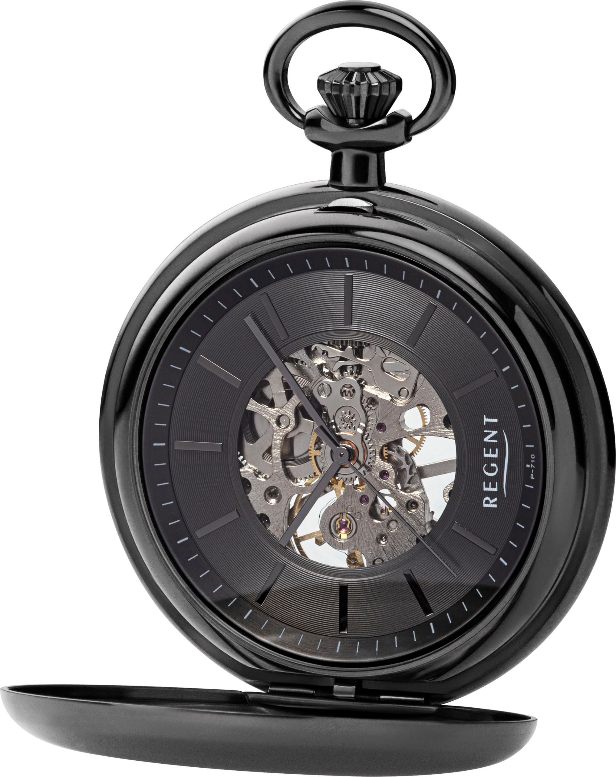 REGENT Damen Taschenuhr, schwarz, Taschenuhren, Herrenuhr, Handaufzug, Kette, offene Unruh