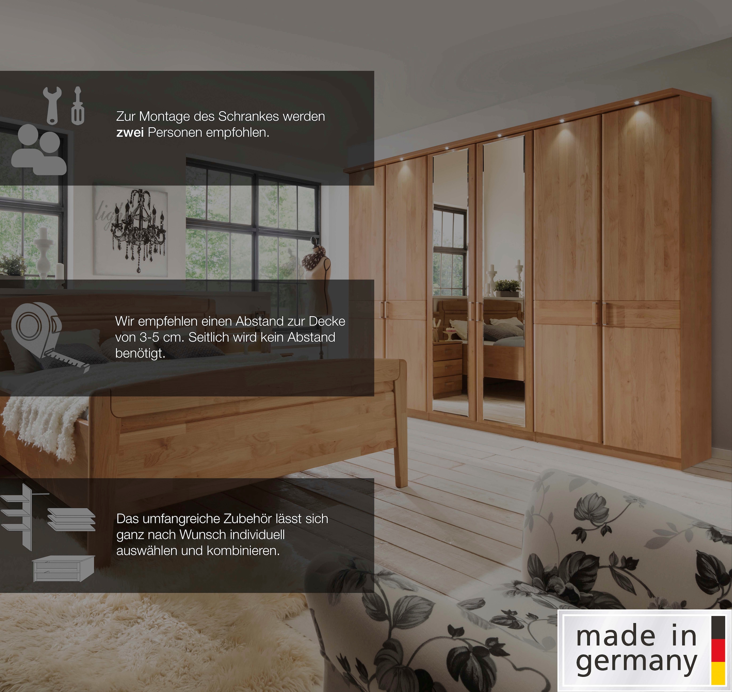 WIEMANN Kleiderschrank »Lausanne, Drehtürenschrank, Schrank, Wäscheschrank, Erle teilmassiv« 300 cm Breite mit 5 oder 6 Türen wählbar,  Front aus Massivholz in Erle, langlebige Qualität, inkl. Türendämpfung