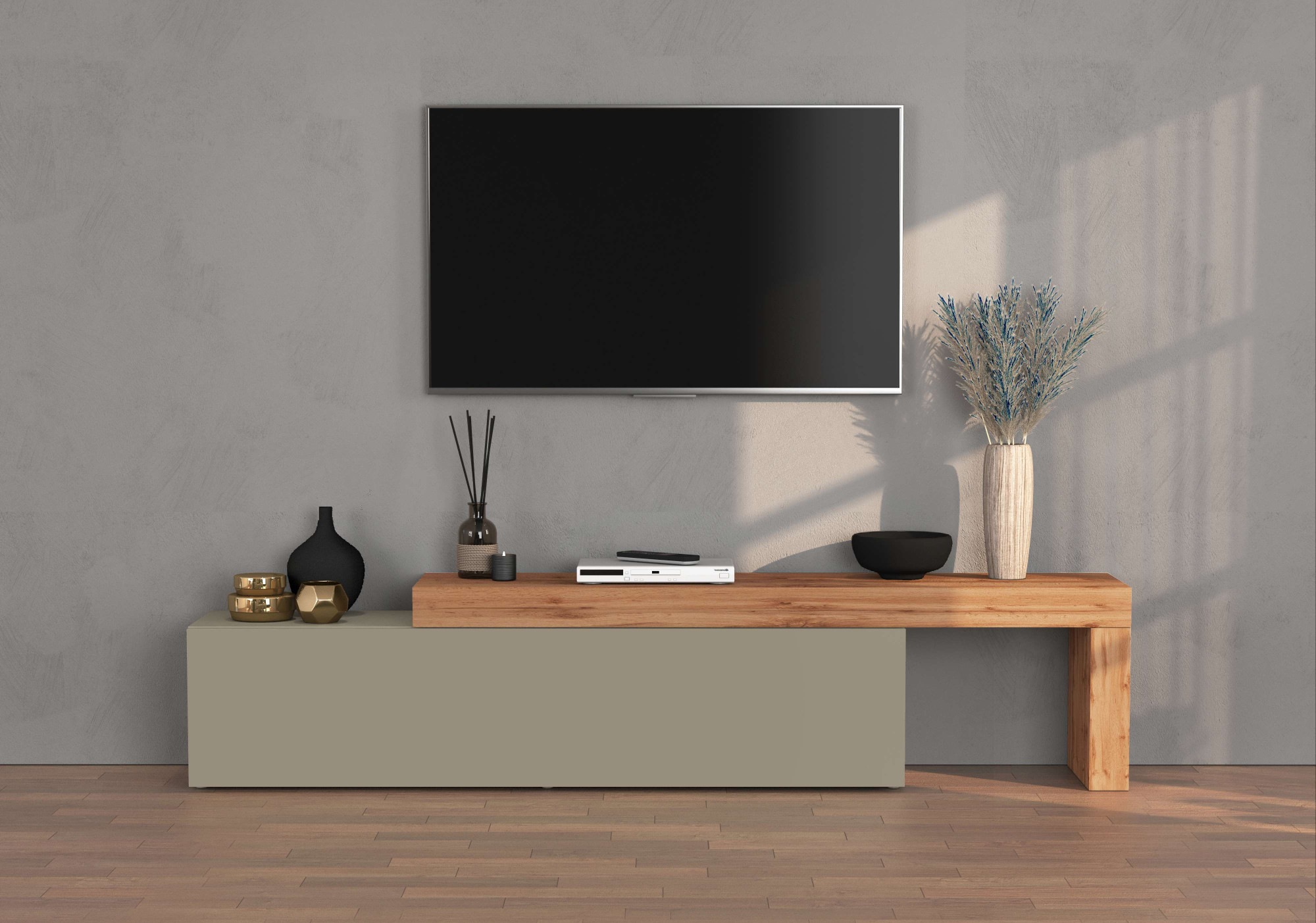 INOSIGN Lowboard »Chronos TV-Board, TV-Schrank«, (1 St., Breite verstellbar von 190 bis 350 cm), Breite 270 cm TV-Board,Lowboard,1 Klappe und ein L-Förmiger Aufsatz