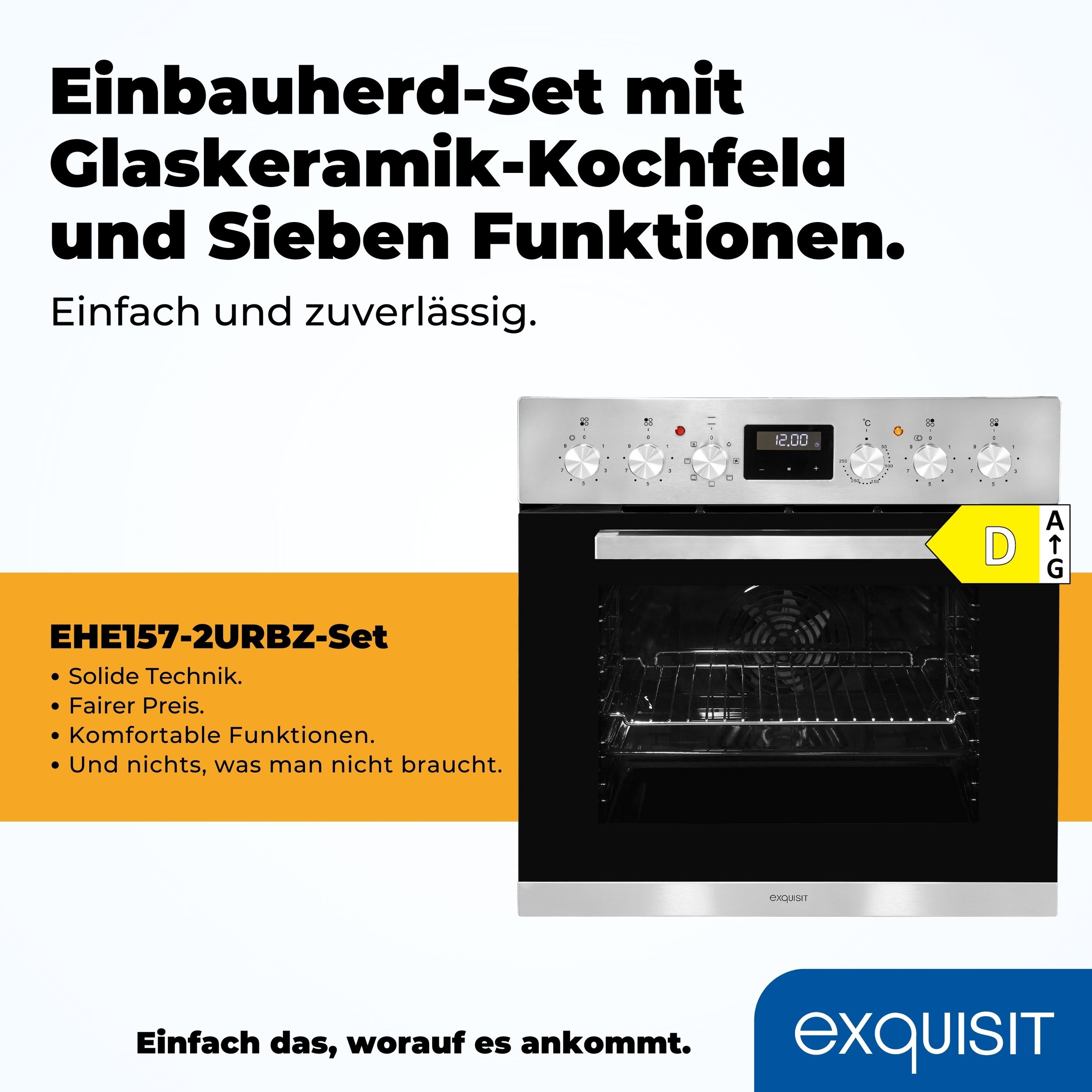 EXQUISIT Elektro-Herd-Set "EHE 157-2 URBZ-Set", Energieeffizienz: A (A+++-D), silber (silberfarben, schwarz), Herdsets, Umluft für gleichmäßige Wärme ideal für Plätzchen auf mehreren Blechen 2