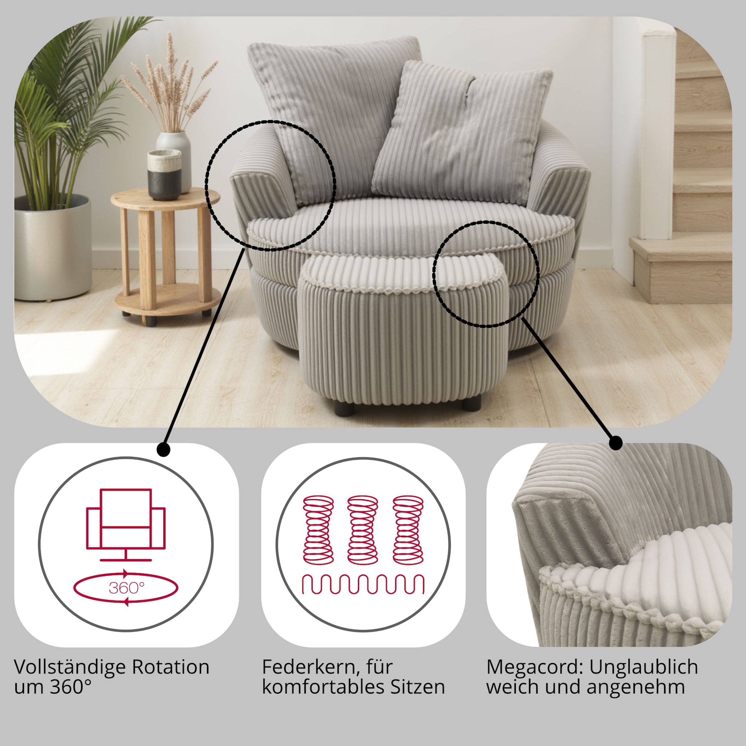 INOSIGN Drehsessel »AMECA, Relaxsessel mit Drehfunktion und Hocker, 122 x 126 x 76 cm,«, (Set, 2 St.), Love-Seat XXL und Lesesessel in Megacord