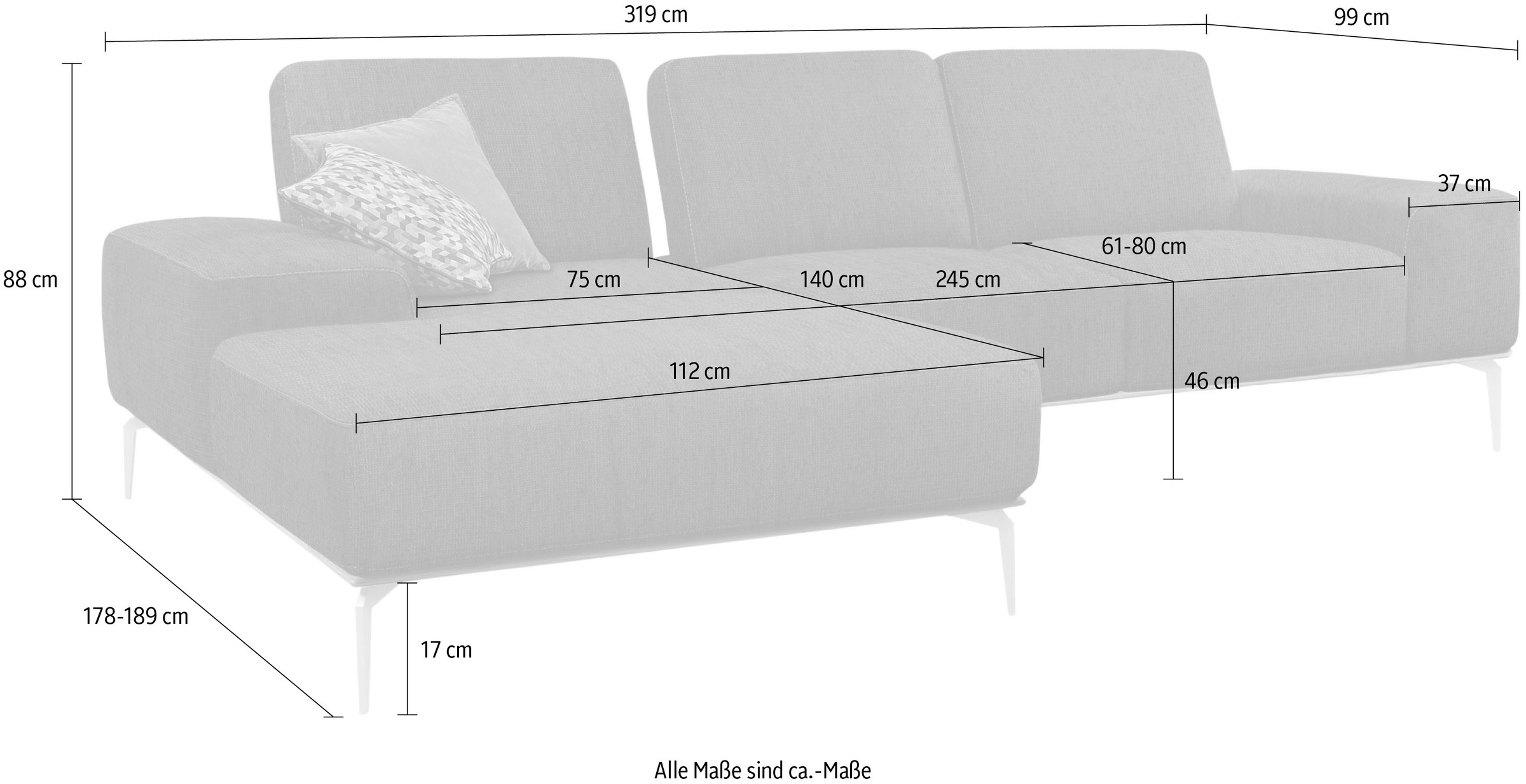 W.SCHILLIG Ecksofa »run, Designsofa mit tollem Sitzkomfort, bequem, L-Form« mit Holzsockel, Füße in Schwarz pulverbeschichtet, Breite 319 cm