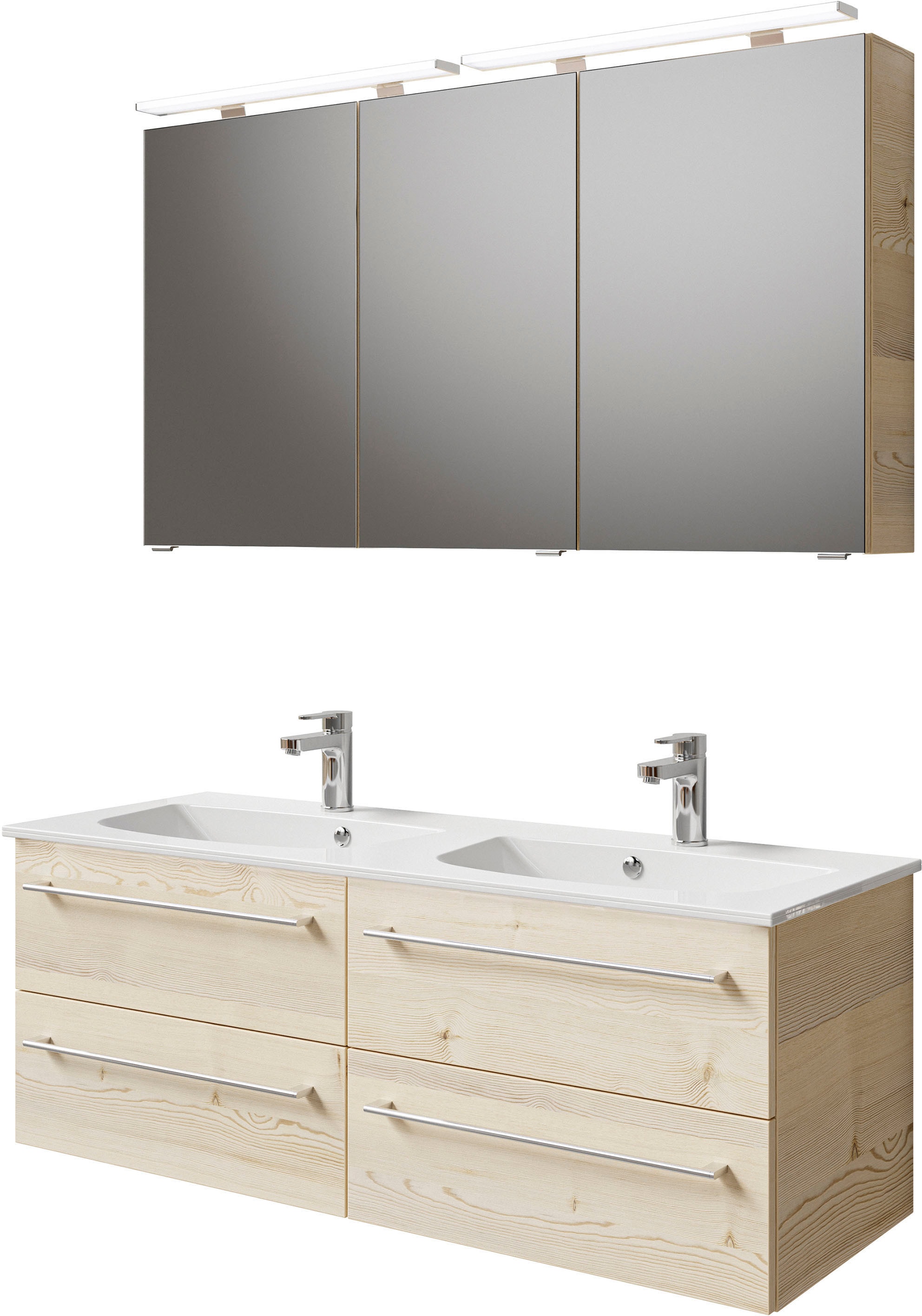 Saphir Badmöbel-Set "Serie 6025 2-teilig Mineralmarmor-Waschtisch mit LED-Spiegelschrank", (2 St.), Waschplatz 132cm bre