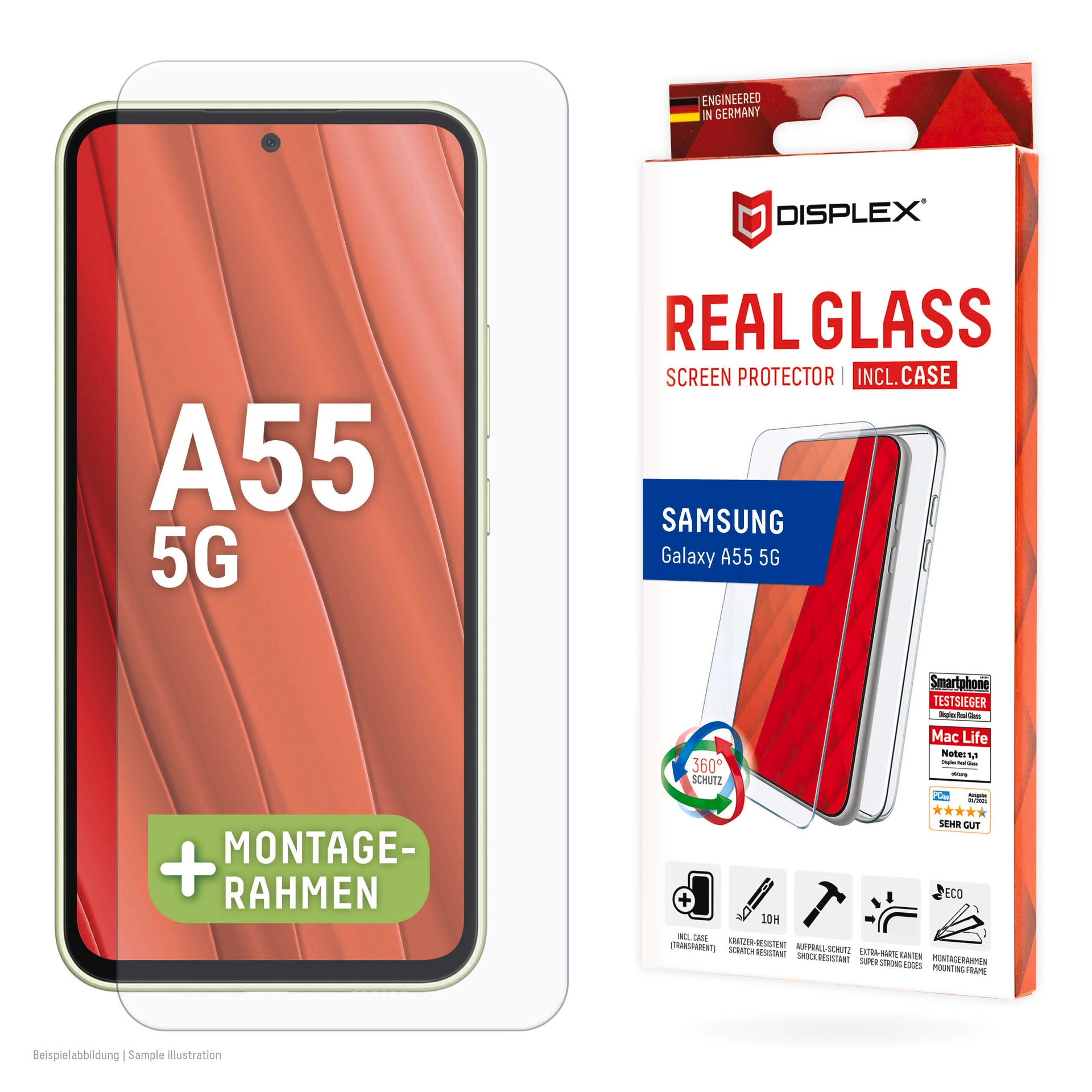 Displex Displayschutzglas »Real Glass + Case«, für Samsung Galaxy A55 5G, (1 St.), Bildschirmschutz, Displayschutzfolie,Einfach anbringen,kratz-&stoßfest