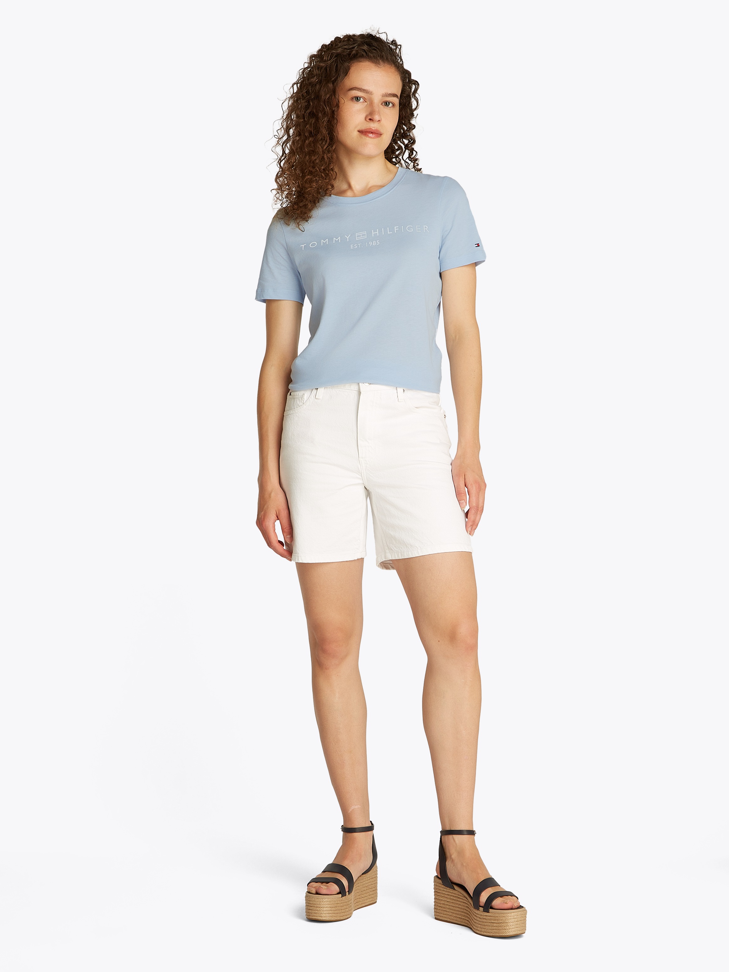 Tommy Hilfiger T-Shirt »REG CORP LOGO C-NK mit Logoschriftzug und Stickerei«, meliert, casual, regular fit, Baumwolle, Rundhals