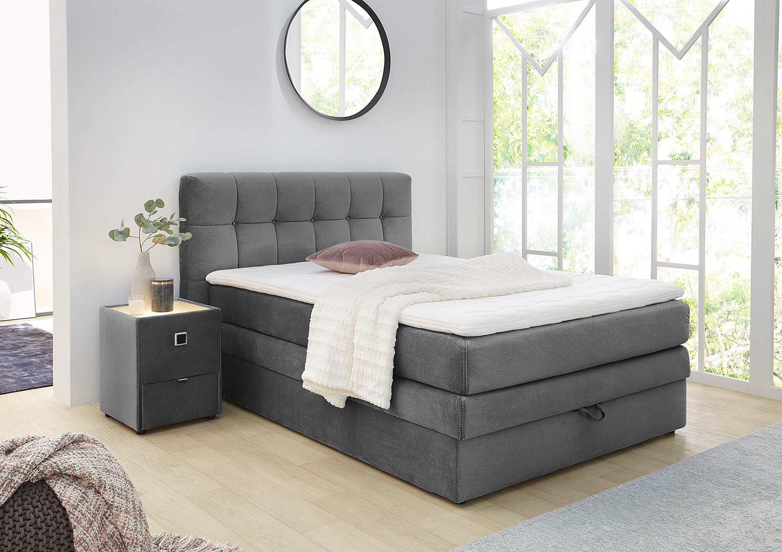 Jockenhöfer Gruppe Boxspringbett "AMY mit Bettkasten, inkl. Bonnell- oder Taschenfederkernmatratze H2-H4" mit 6 cm Kaltschaum-Topper, Samt-Bezug, 120x200 und 140x200 cm