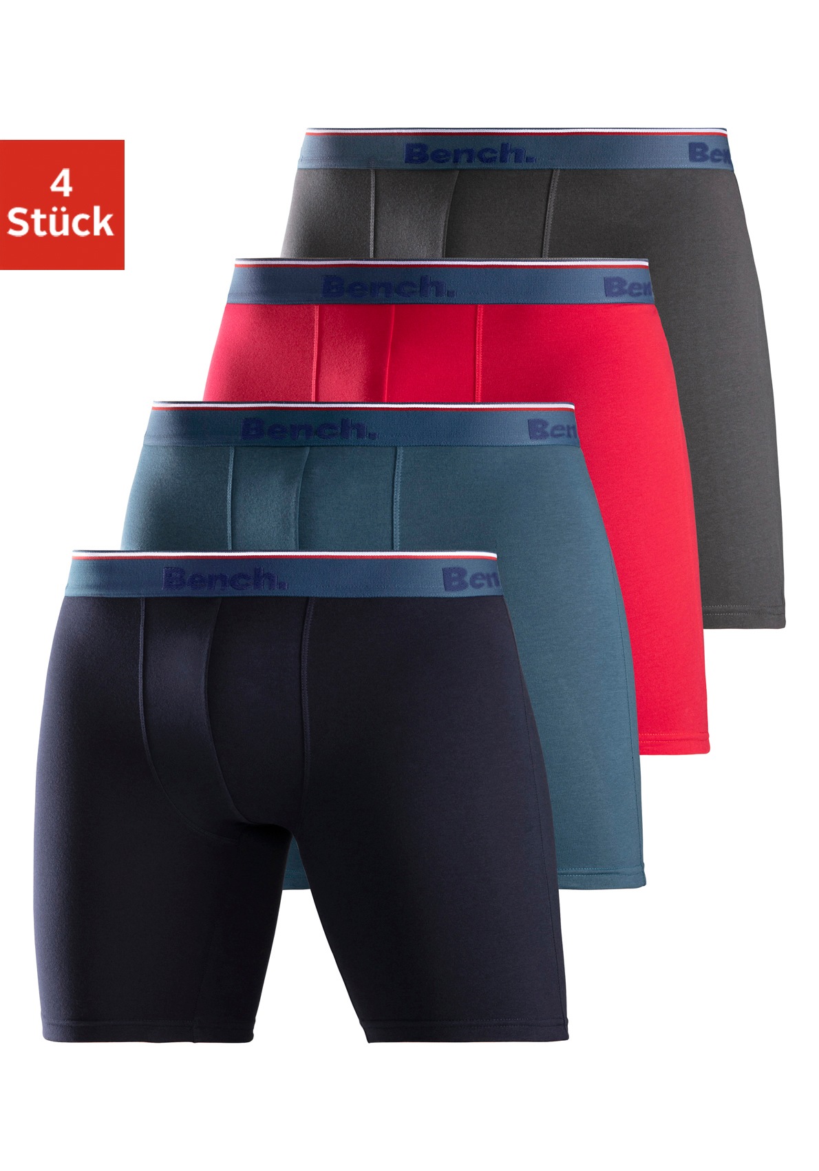 Bench. Langer Boxer Packung, 4 Stk. Boxershorts mit langem Bein, schmalen Streifen und Logo im Bund