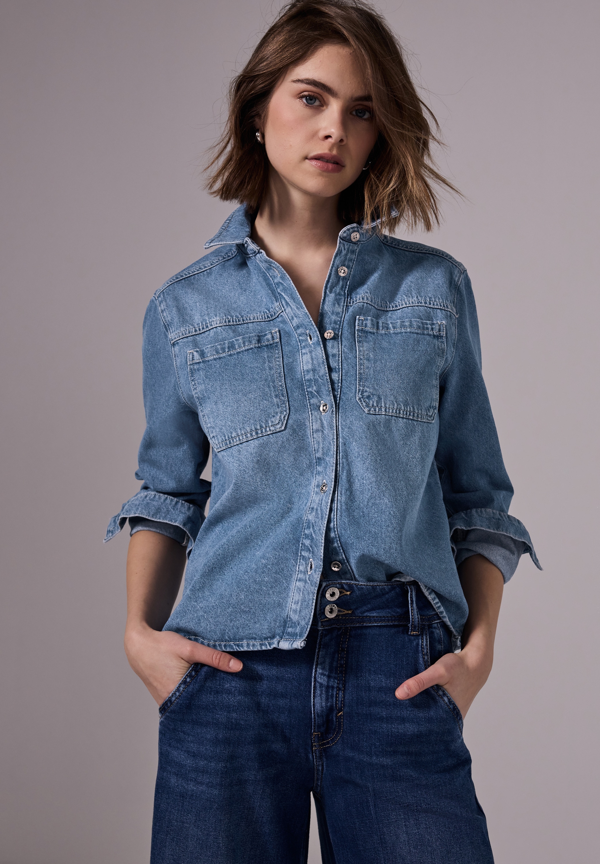 STREET ONE STUDIO Jeansjacke ohne Kapuze mit Brusttasche