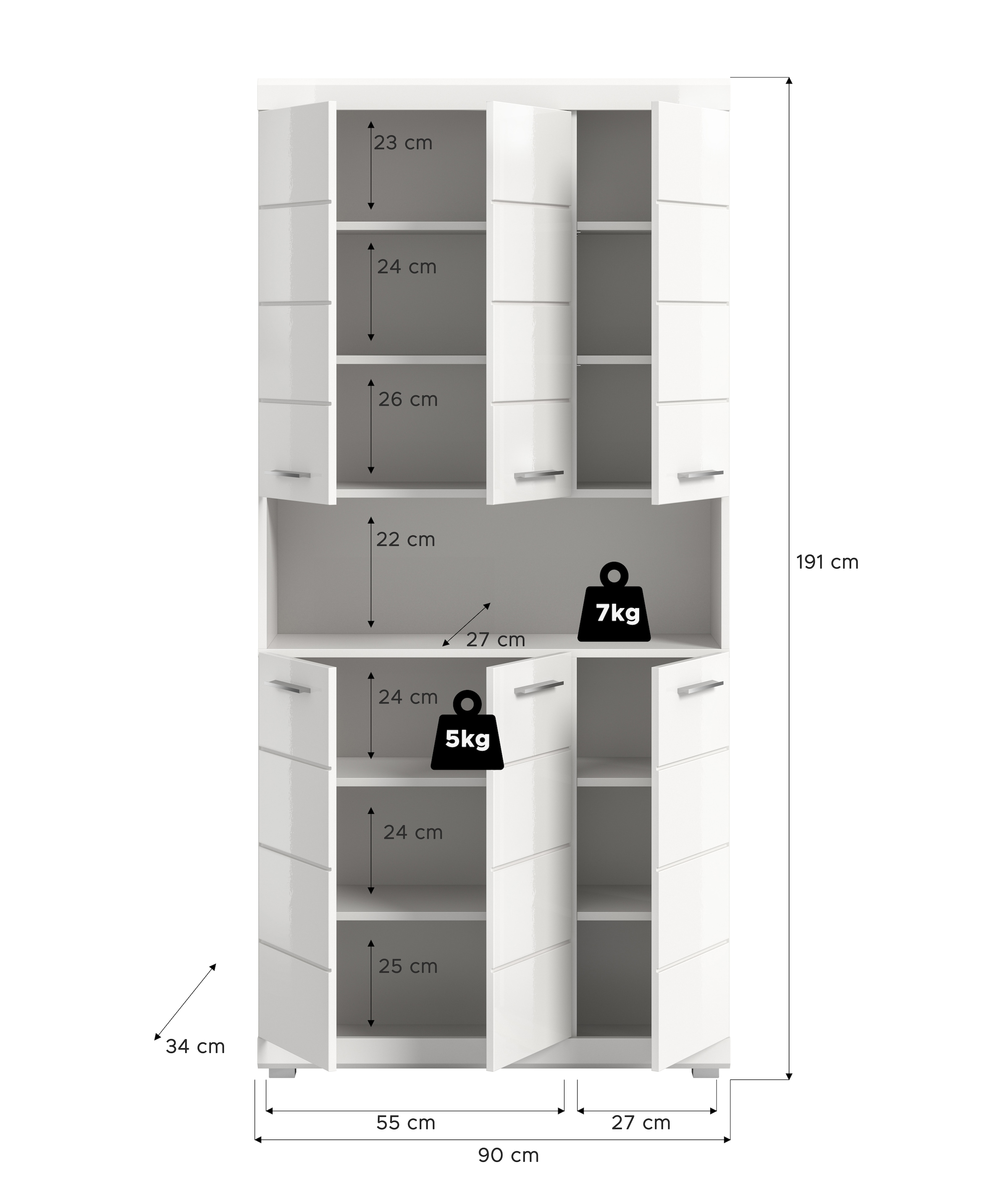welltime Hochschrank »SIENA, Höhe 191cm, 6 Türen, 1 offenes Fach, 8 Einlegeböden, MDF-Front« TOPSELLER! Viel Stauraum,  Badmöbel, Badschrank, Badezimmer, Mehrzweckschrank, Universalschrank